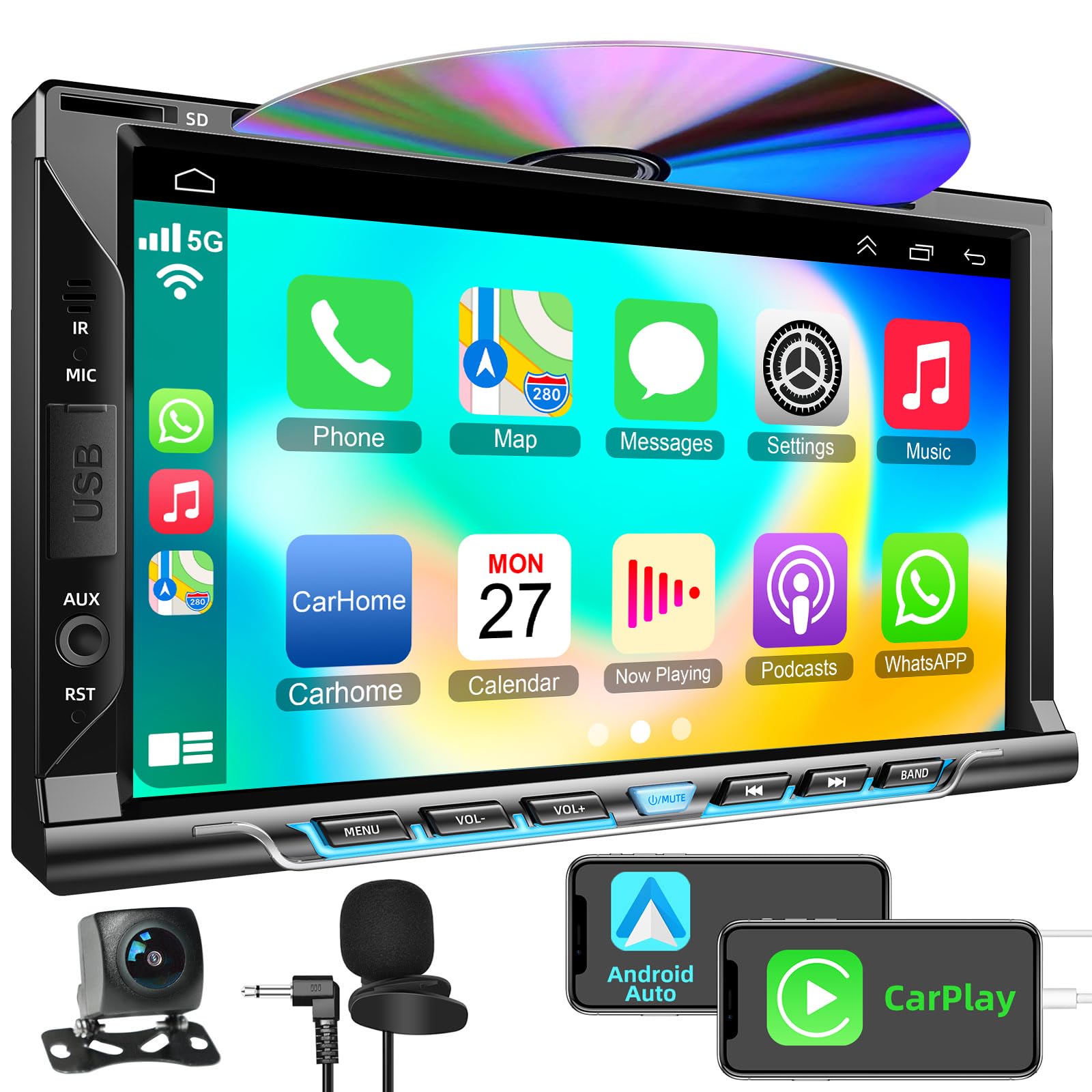 Double Din Car Stereo with Carplay & Android Auto, Adapter-Universe 7 Inch Car Radio with CD/DVD Player Support Back up Camera, Bluetooth & Voice Control, Mirror Link, Subwoofer, SWC, Subwoofer, AM/FM