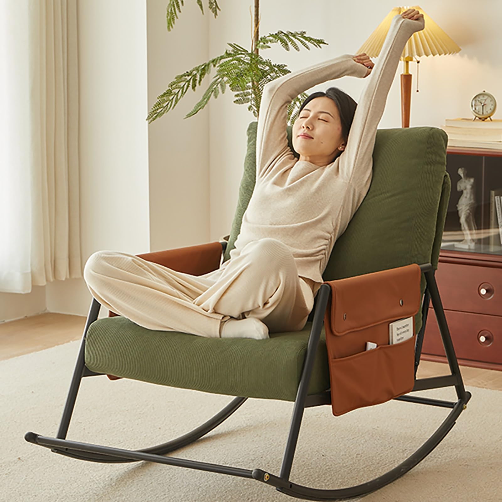 Kaverno Oversized Rocking Chair with Cushion, Nursery Rocking Chairs with Foot Rest, Rocker Recliner Chair with Armrests and Side Pockets, Foldable, Backrest Adjustable in Three Positions for Bedroom