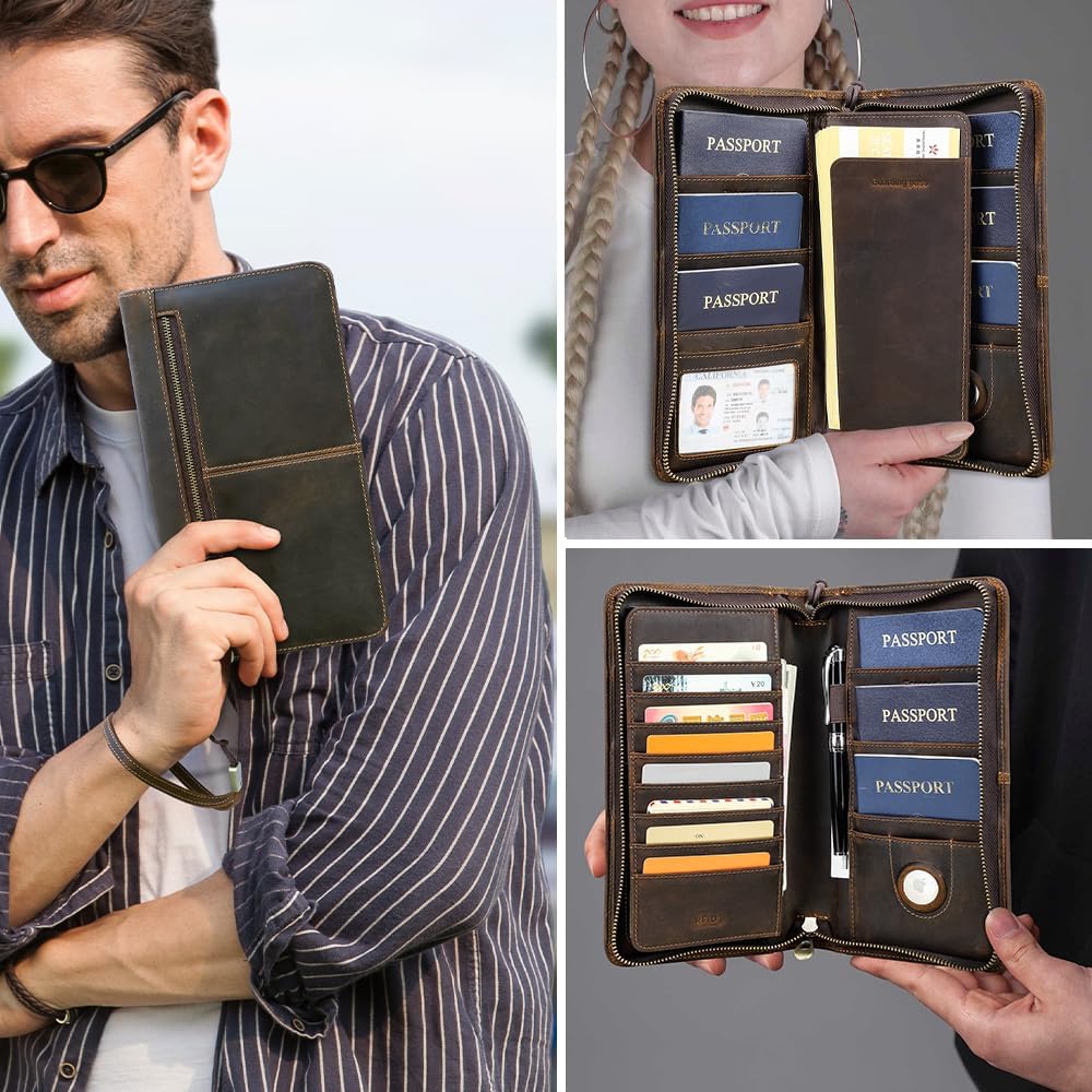CONTACTS Full Grain Leather Family Passport Wallet for 6 Travel Passport Holder Compatible with Airtag RFID Blocking Passports Organizer 3 Layer Design Fit 6 Passports, 8 Cards