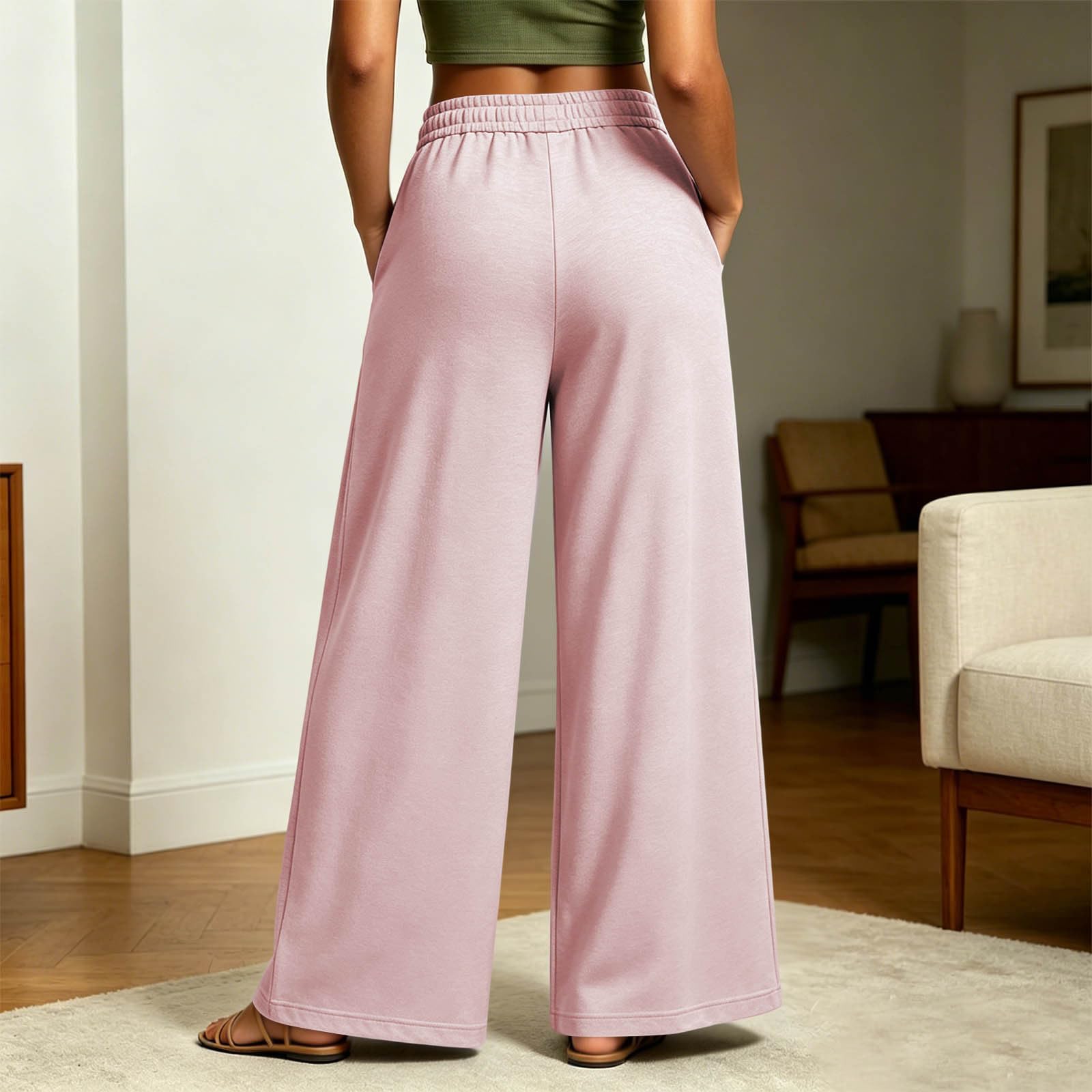 Pantalon Large Femme Bouton Taille Élastique Poch Doubles Fermeture Éclair