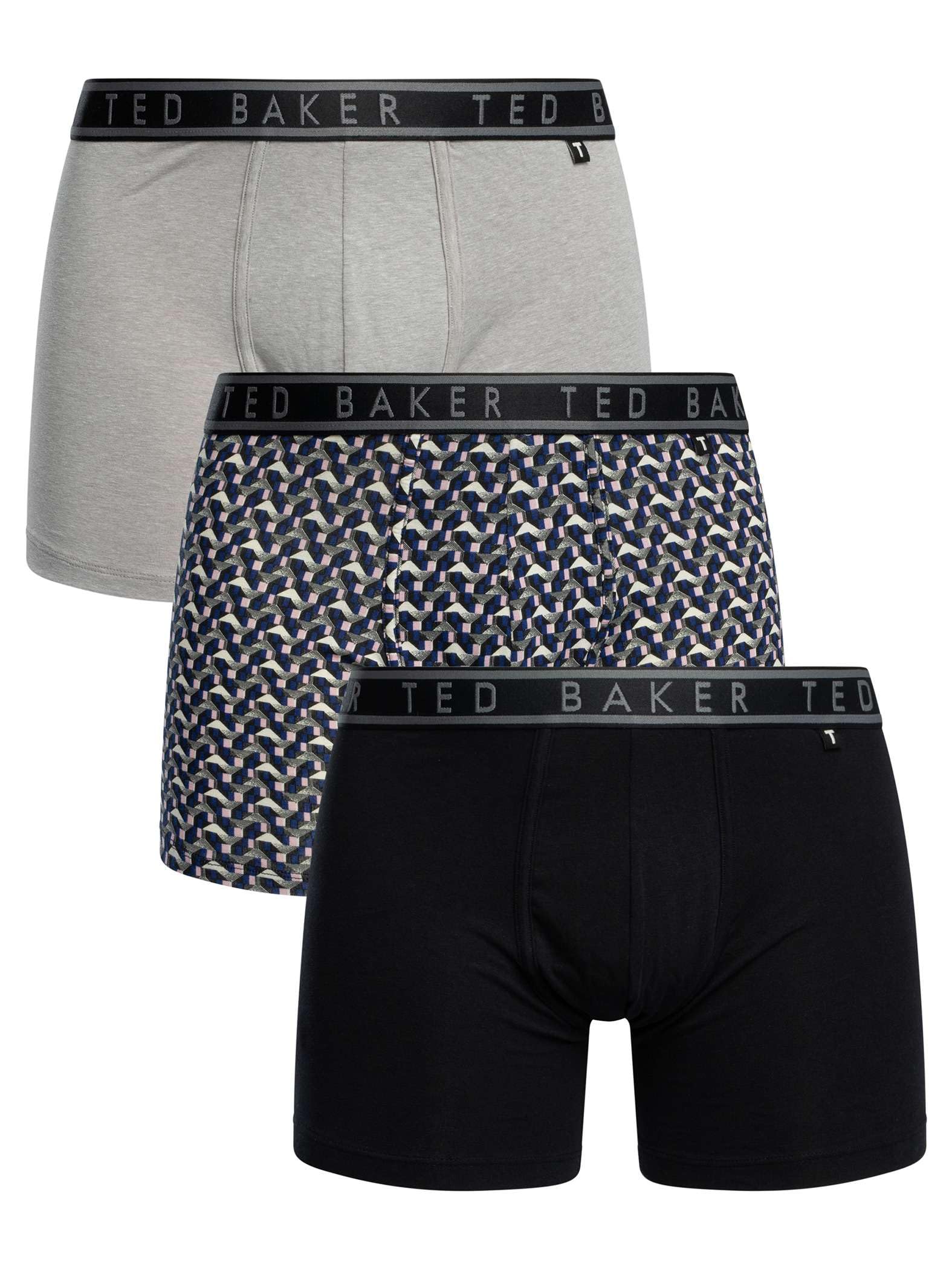 Ted Baker Mens 3-pack Cotton Boxer Briefs, Heather Grey/Retro Geo Blue/Black, M UK