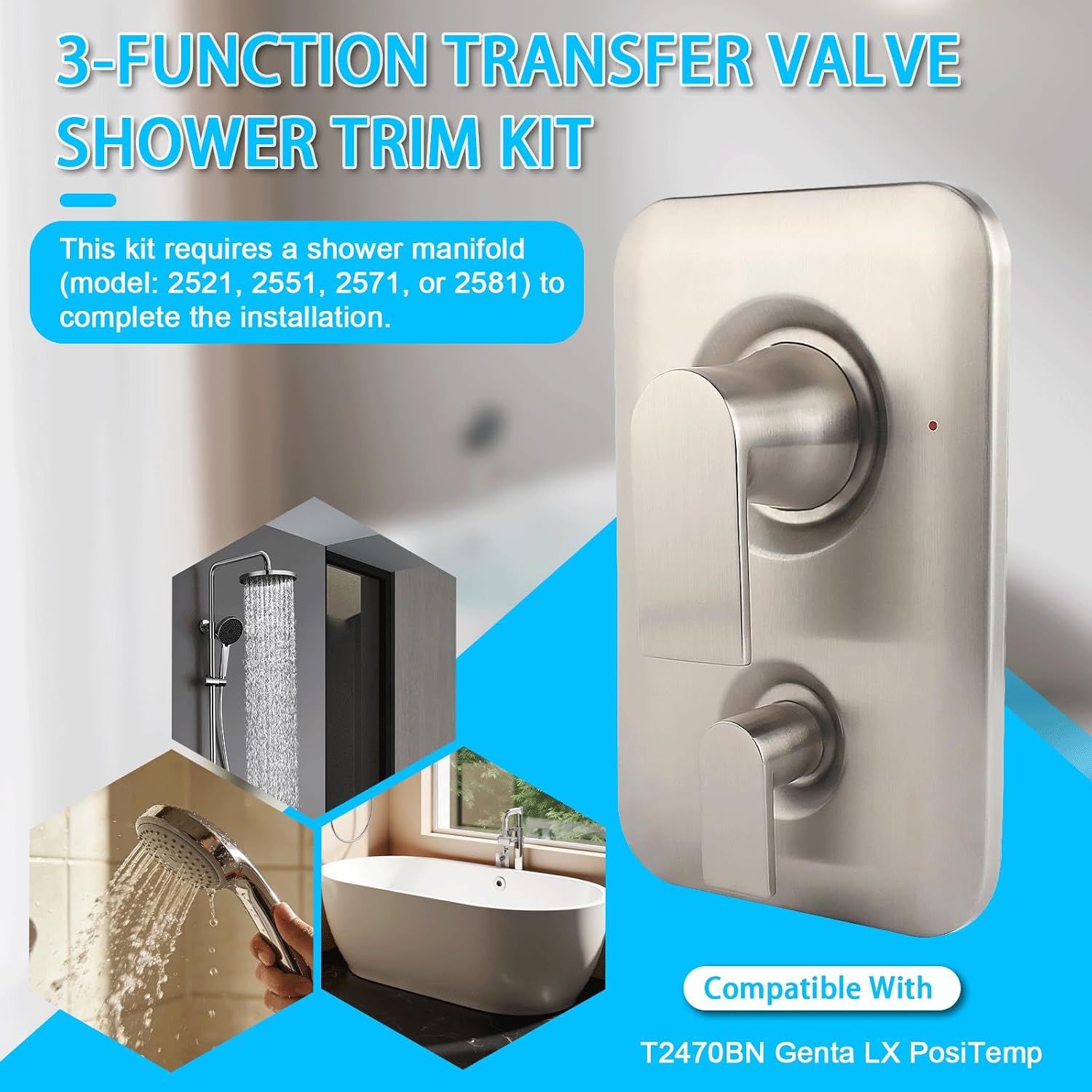 Shower Handle 3-Function Transfer Valve Shower Trim Kit, Compatible with Moen T2470BN Genta LX Posi Temp Series, 2521, 2551, 2571, or 2581 Valve Required, Brushed Nickel (Valve Not Included)