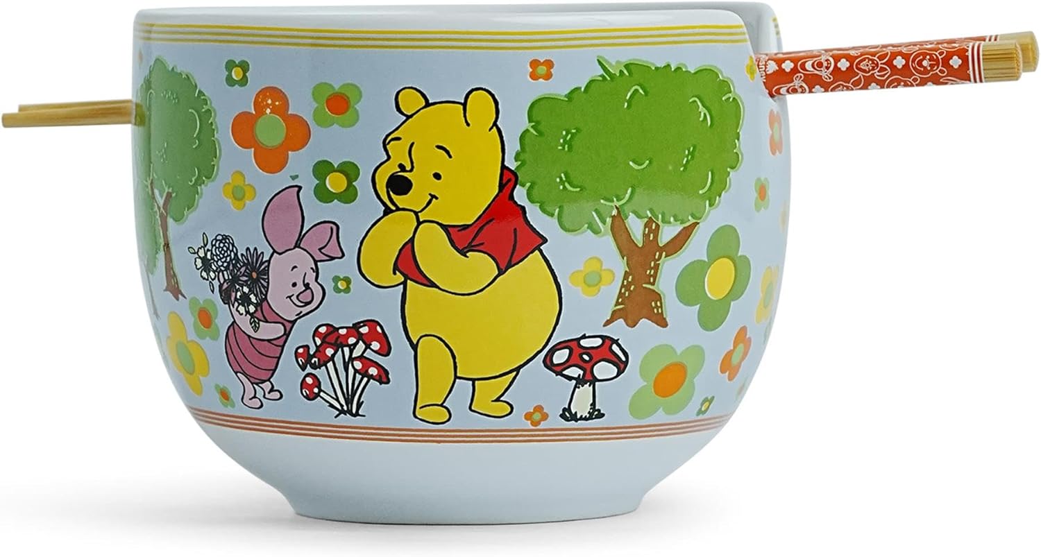 Winnie The Pooh Disney Friends Ceramic Ramen Dinnerware Set | Includes 20-Ounce Noodle Bowl and Wooden Chopsticks