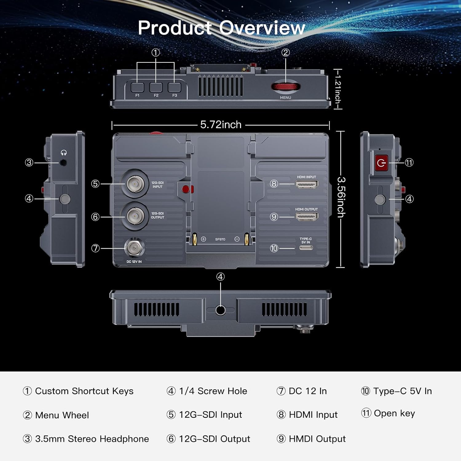 FEELWORLD H5 5.5" 12G-SDI 4K HDMI Camera Field Monitor 1200nits Sunlight-Readable Touchscreen |Waveform, HDR, 3D LUTs Aluminum Build for Filmmakers & Photographers