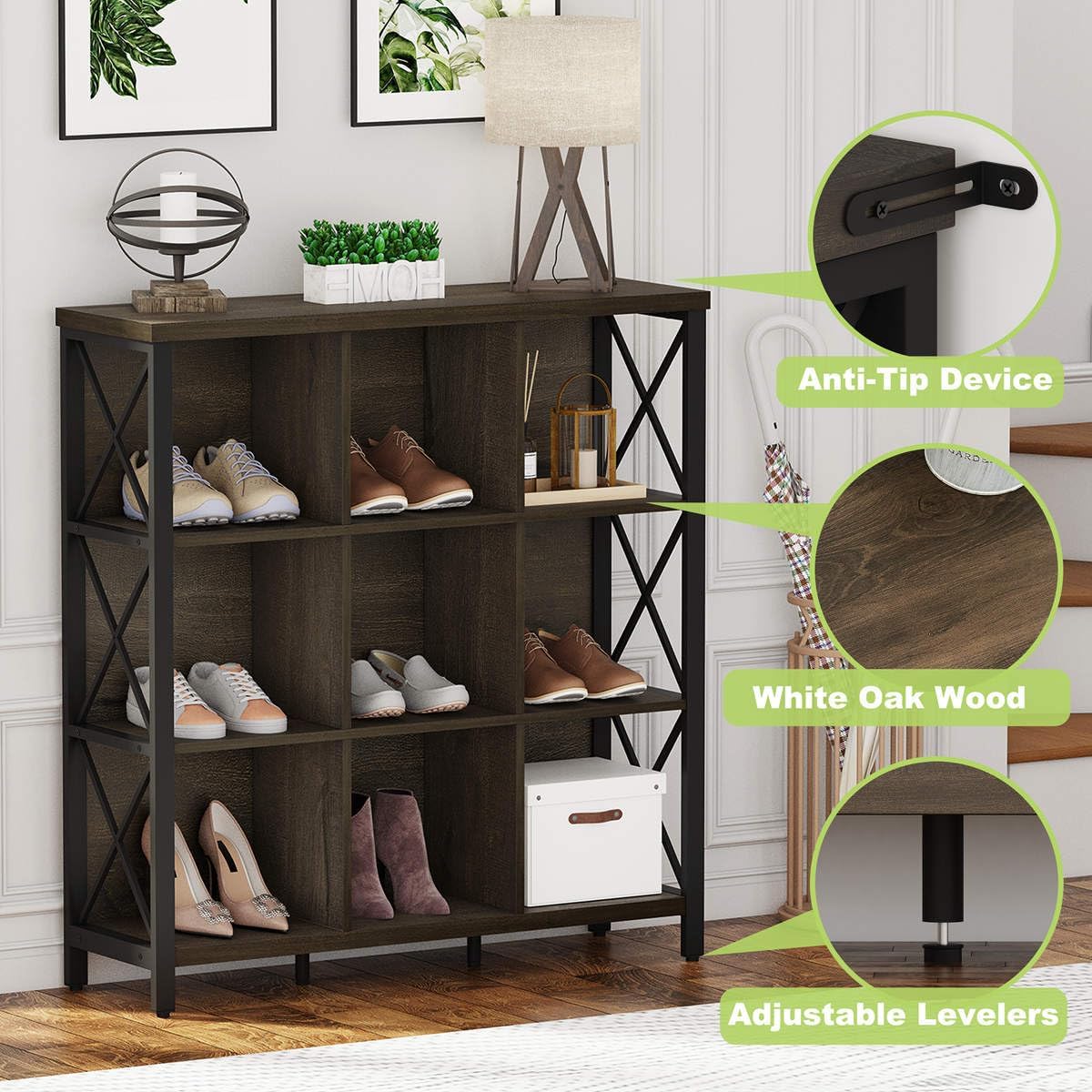 FATORRI 9 Cube Storage Bookshelf, Modern 4 Shelf Book Shelf, Wood and Metal Cubby Bookcase for Home Office (39.38 Inch W, Walnut Brown) - Image 3