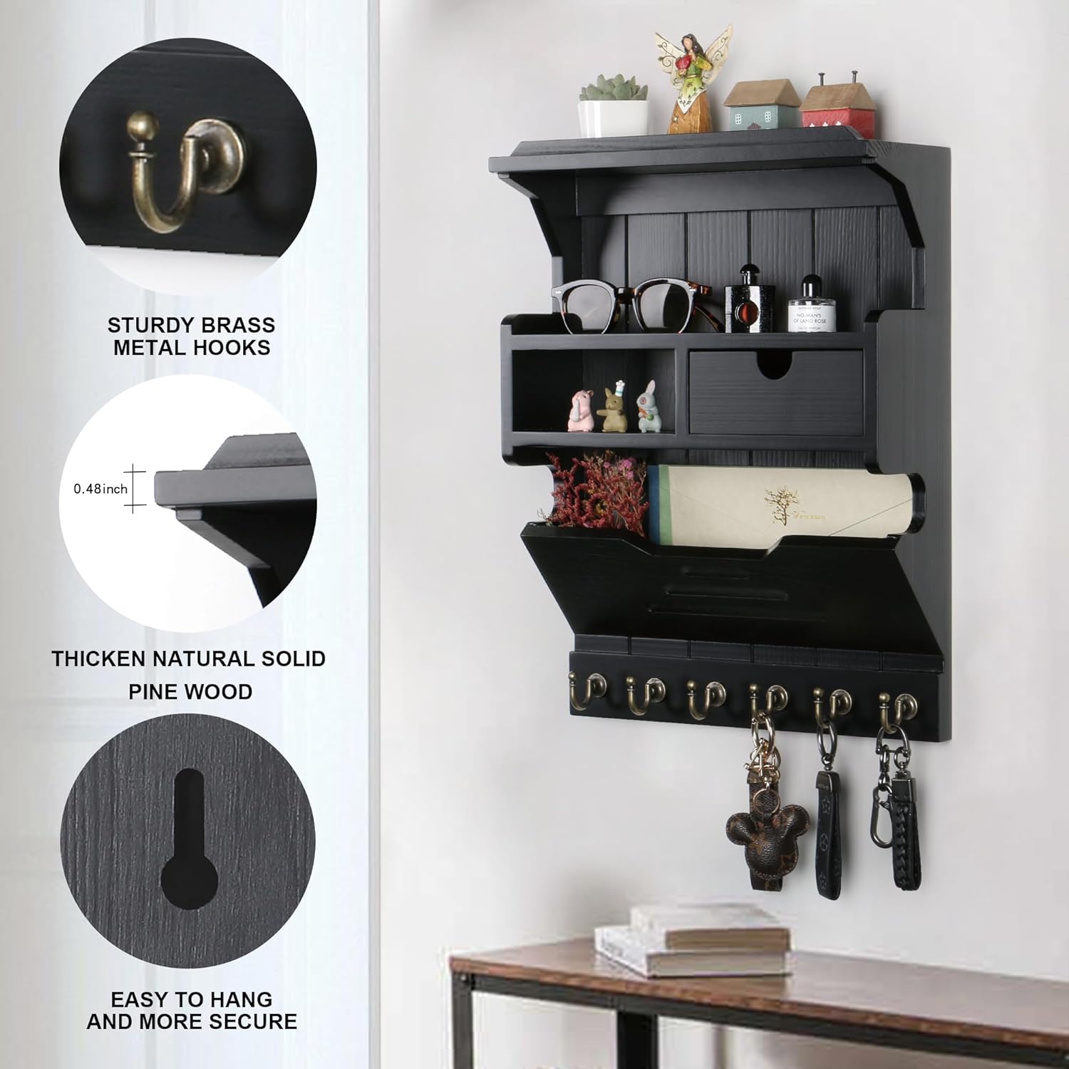 Key Holder for Wall, Elegant Wall-Mounted Mail Organizer with Storage Drawers, Black