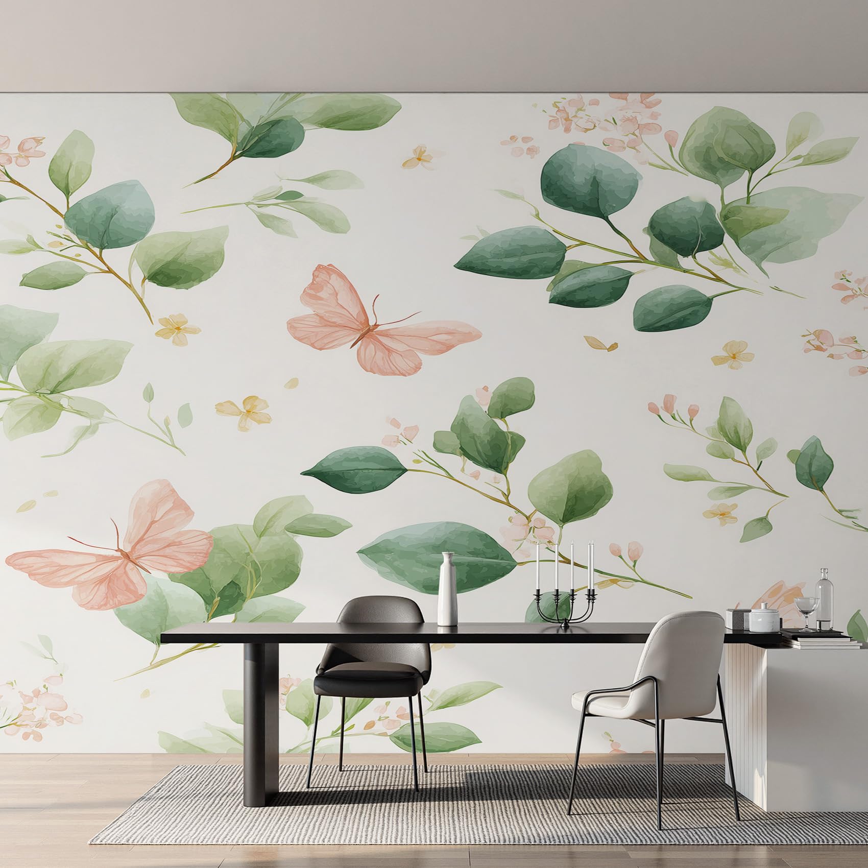 Papier Peint Aquarelle Florale Vert Salon et Chambre Fresque Murale