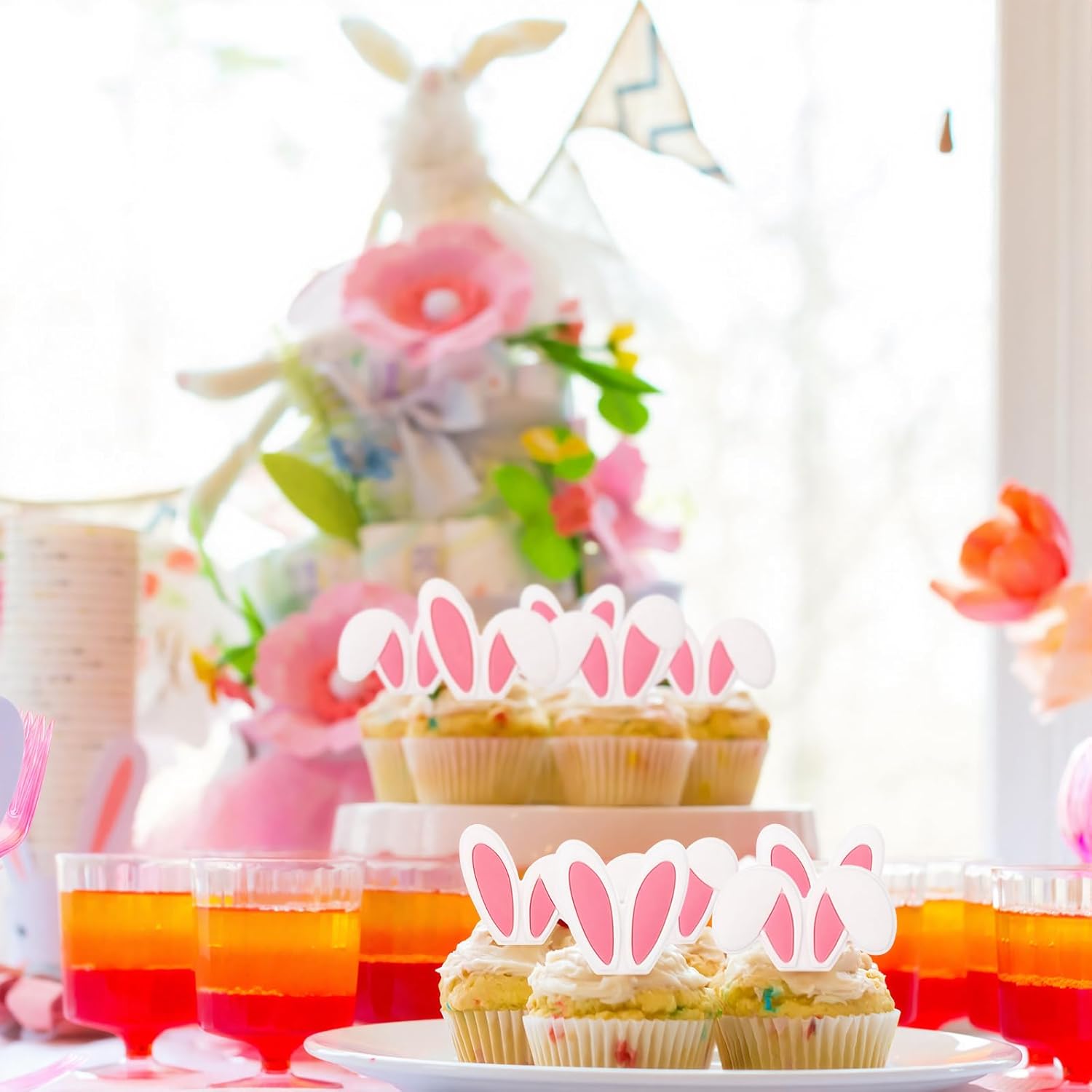 Bucherry 48 Pack Cute Easter Bunny Cupcake Toppers Party Decorations Rabbit Ear Cupcake Rings Bulk 4 Styles Pink White Rabbit Ear Cake Topper for Spring Festival Birthday Baby Shower Party Supplies