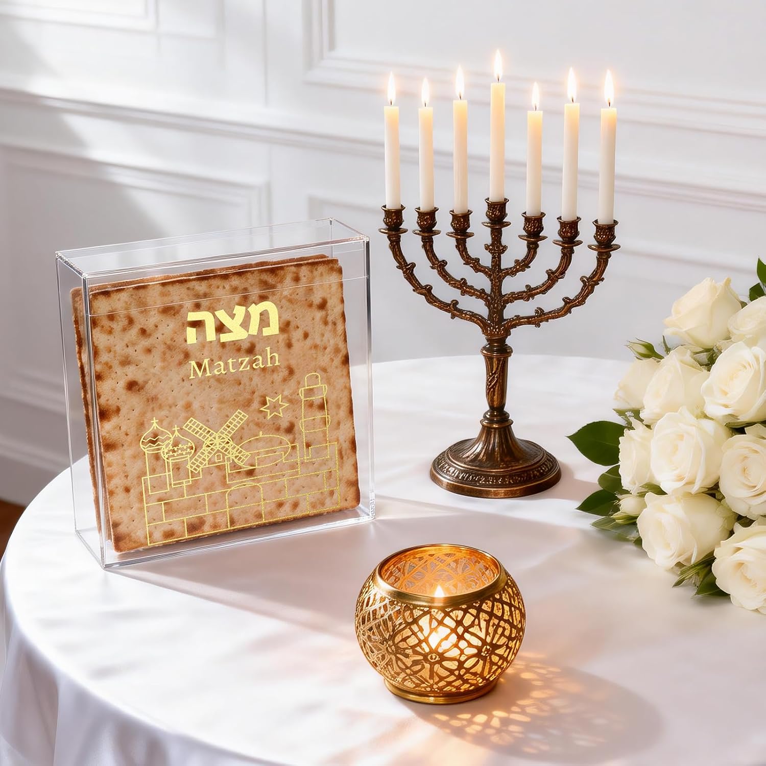 Acrylic Matzah Box Holder 8 x 8 Inches Clear Passover Matzo Box Decor for Storage and Display Elegant Pesach Seder Matzah Holder for Passover Seder Jewish Holiday Table Decoration (Modern)