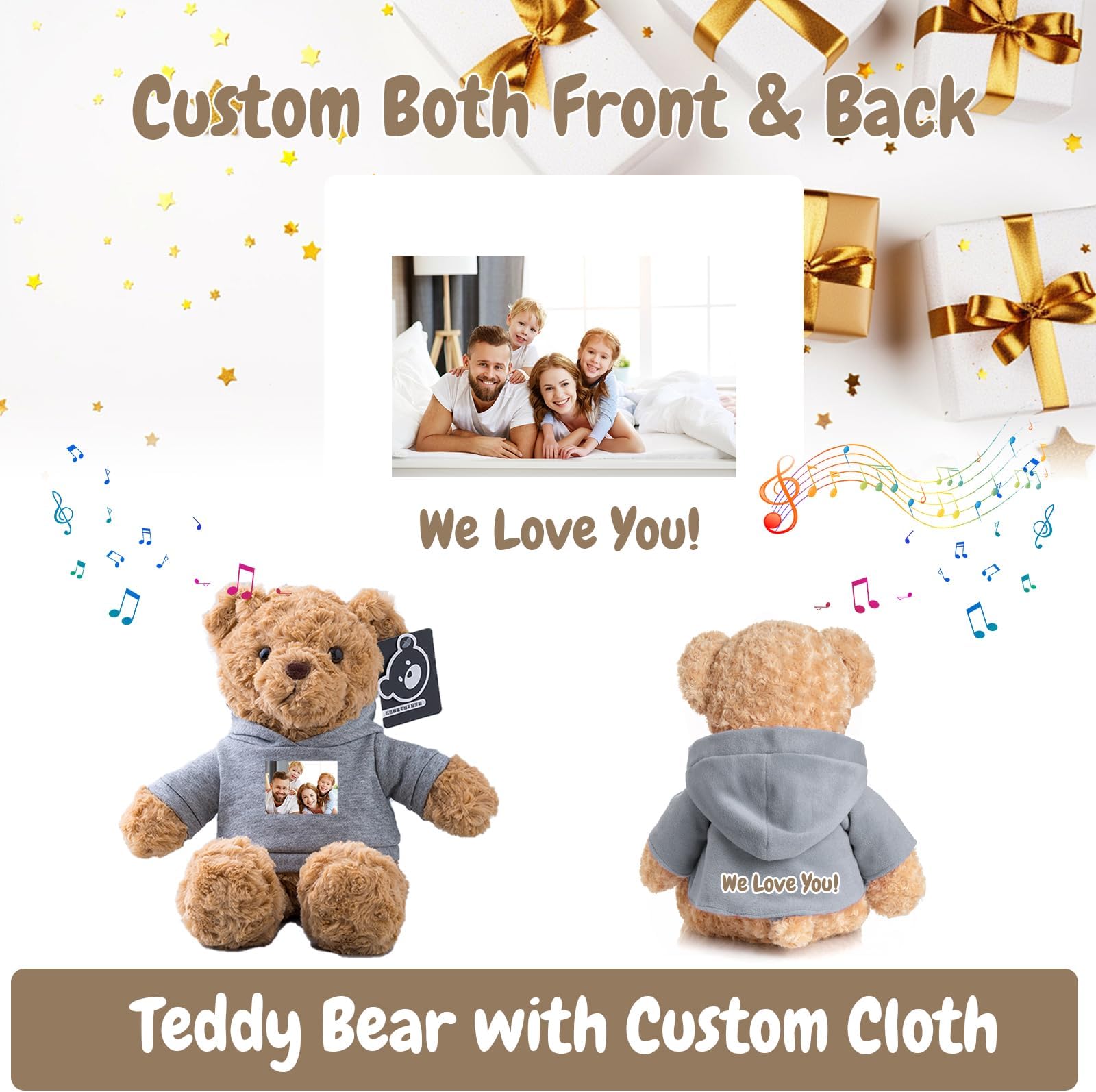 MeterBear Personalised Teddy Bear with Voice Recording for Kids Adults, Personalised Gifts Bear with Bow Plush Toys with Text+Photo as Customised Gift for Valentines Christmas (13 inch-Text+Photo)