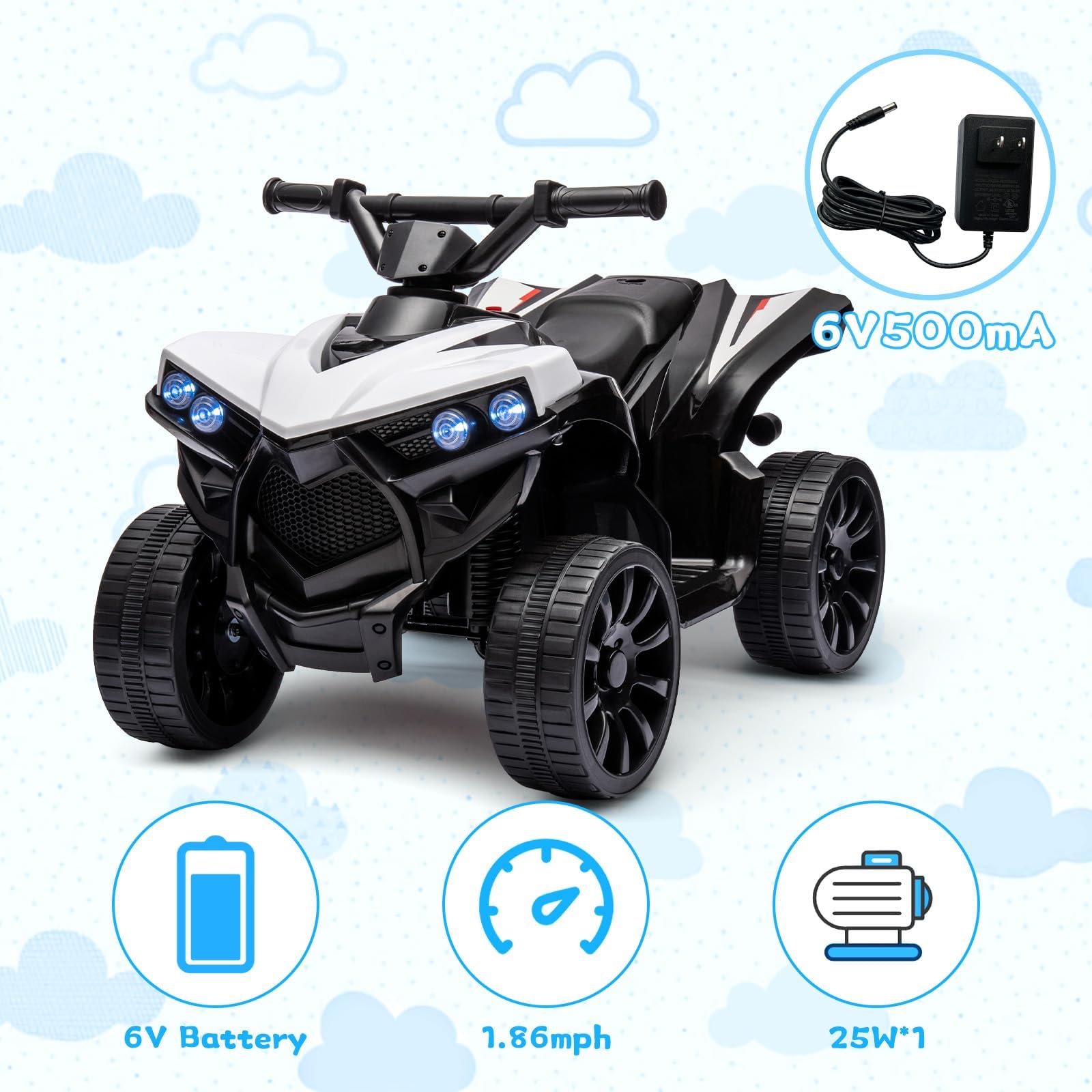 COSTWAY Quad Électrique 12V Pour Enfants 3+ Ans, Avec LED Et Musique, 4 Roues Antidérapantes