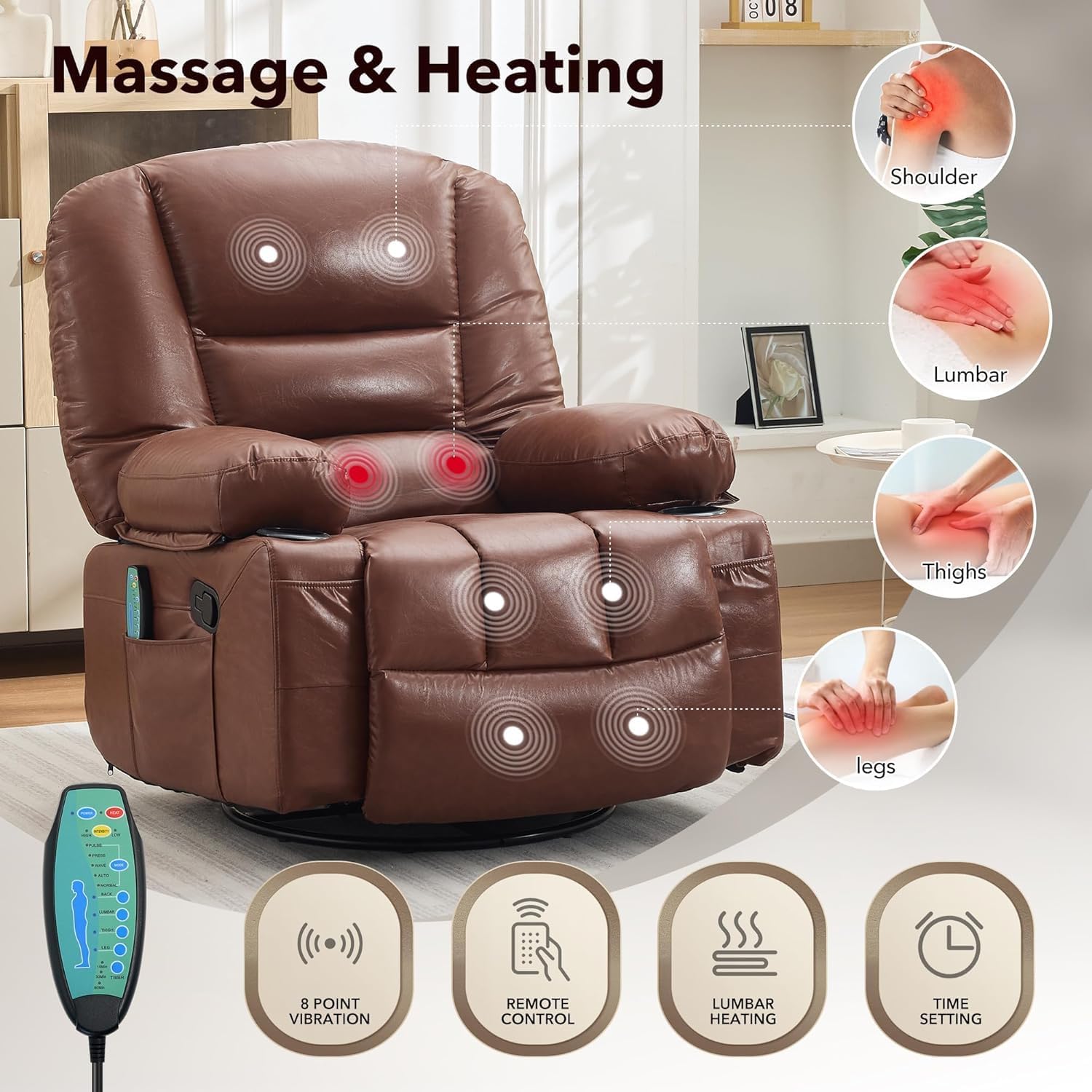 Oversized Manual Swivel Recliner Chair for Adults, 360° Swivel Rocker Glider with Vibration Massage & Heat, Extra Wide Chenille Fabric Lazy Chair for Living Room Bedroom, Brown PU