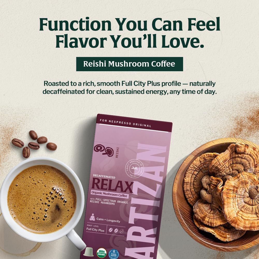 Artizan Organic Reishi Mushroom Coffee Pods for Nespresso Original Line | Decaffeinated | Calm + Longevity | 40 Compostable Espresso Capsules