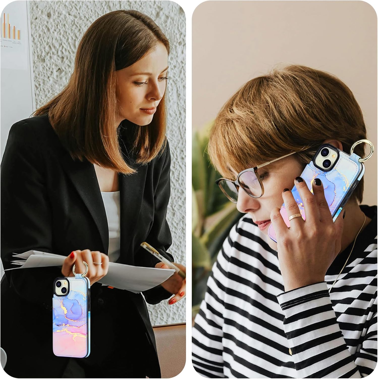 HAOPINSH for iPhone 15 Plus Wallet Case with Card Holder, Pink Blue Marble Print Back Flip Folio PU Leather Kickstand Card Slots Case, Finger Grip Ring Double Magnetic Clasp Shockproof 6.7"