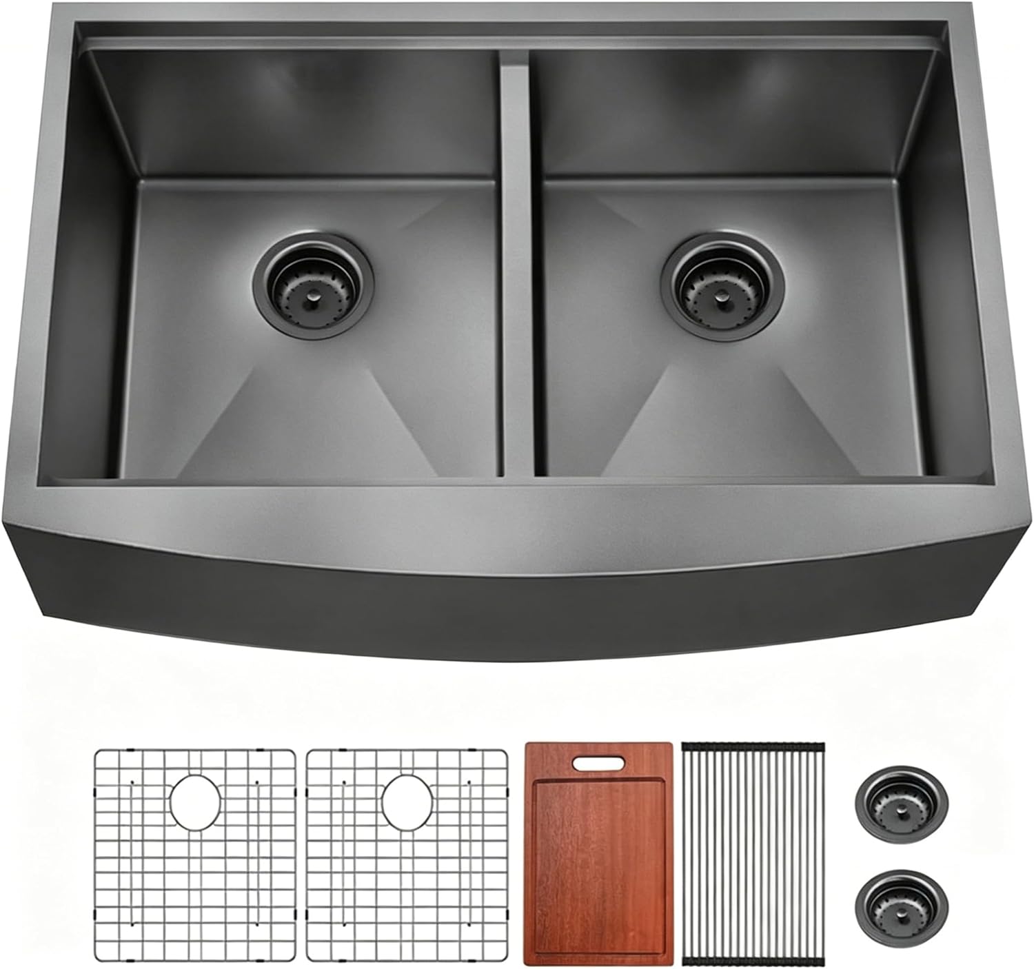 33 Inch Double Bowl 50/50 Black Farmhouse Workstation Sink 16 Gauge NANO PVD Stainless Steel HERCATE Apron Front Sink, Gunmetal Black, 10 Inch Depth with Accessories