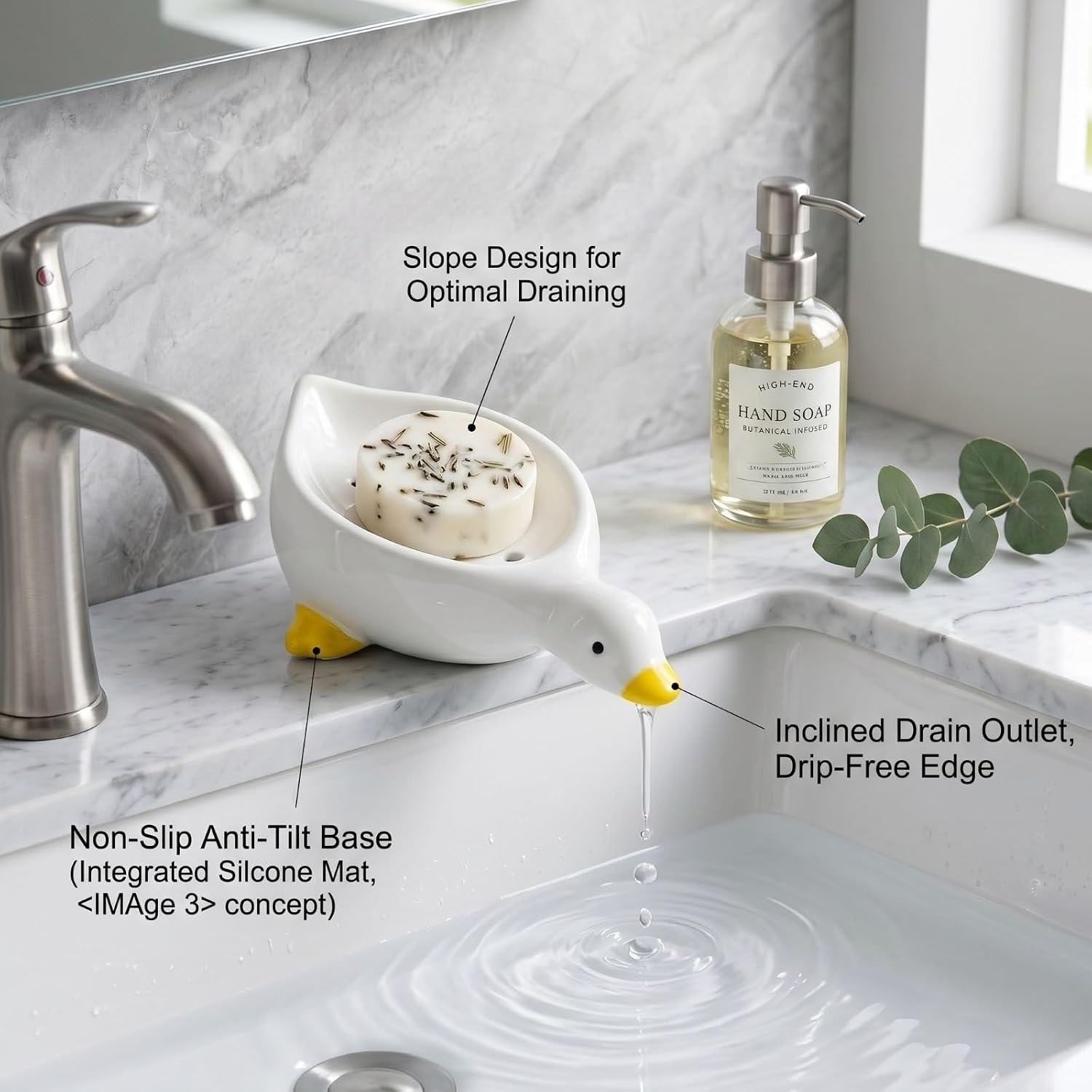 Ceramic Duck Soap Dish, Self-Draining Soap Holder for Sink and Shower image 4
