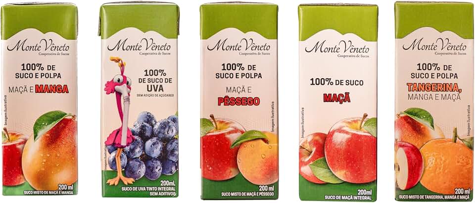 Kit com 10 Sucos 100% Fruta Monte Vêneto – 5 Sabores – Tetrapak 200ml com Canudo