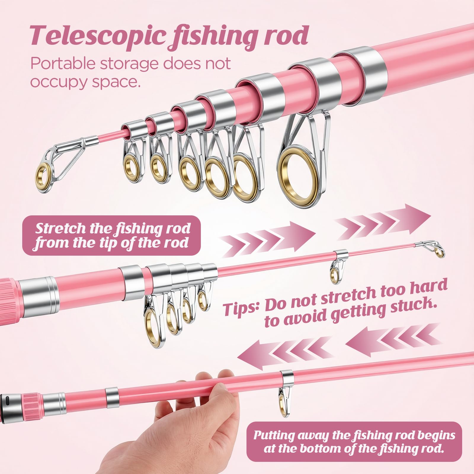 Telescopic Fishing Rod Reel Combo Pink Fishing Gear for Girls Women Men