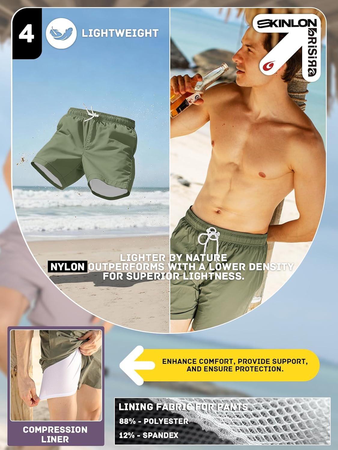 BRISIRA Mens Swim Trunks Nylon 5" with Compression Liner Bathing Suit Swim Shorts Swimsuit Swimwear Quick Dry Pockets Beach - Image 3