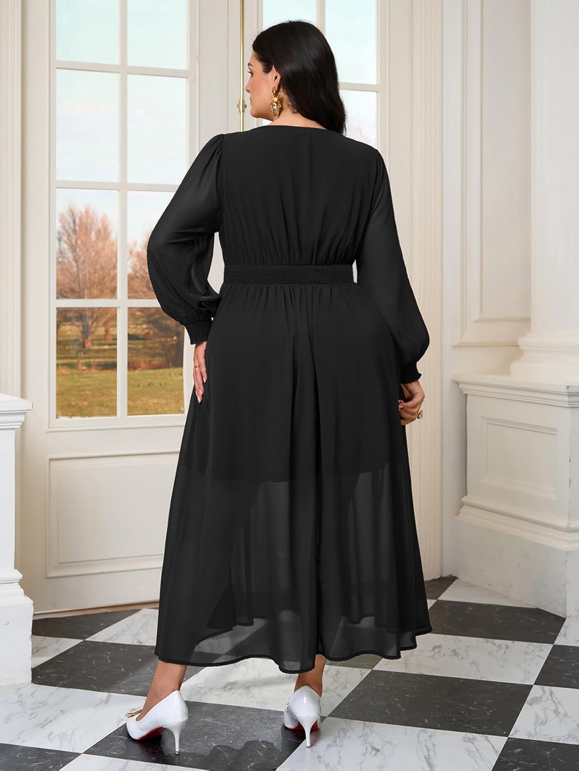 SCOMCHIC Womens Plus Size Formal Dresses Chiffon Wedding Guest Long Sleeve V Neck Smocked Flowy Slit Maxi Dress - Image 6