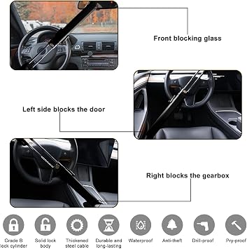 Steering Wheel Lock Twin Bar, Car Steering Wheel Locks, Universal Steering Lock Heavy Duty High Visibility Universal Fit for Cars, SUVs, Motorhomes, Caravans, 2 Keys (Black)
