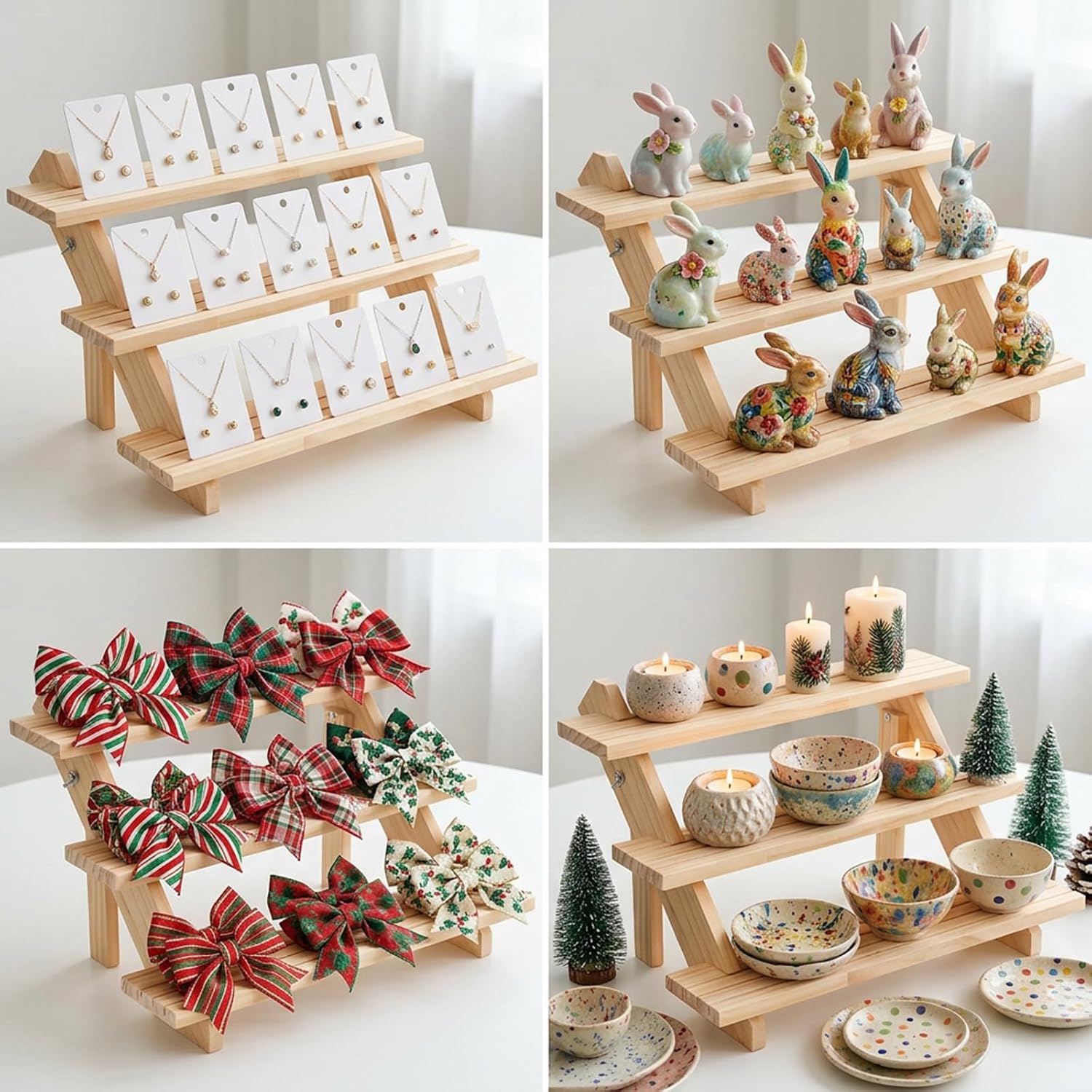 2 Pack 3 Tier Wooden Riser, Earring Display for Vendors - Solid Wood Tiered Stand with Groove for Jewelry Cards, Cupcakes, Party Desserts, Retail Booth & Farmers Market