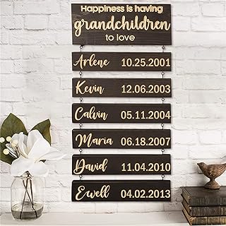 Happiness is Having Grandchildren to Love Sign Personalized Name Birthdate Hanging Wood Sign with 1-10 Name Family Birthday Reminder Plaque for Parents Grandma Grandpa Family Gifts