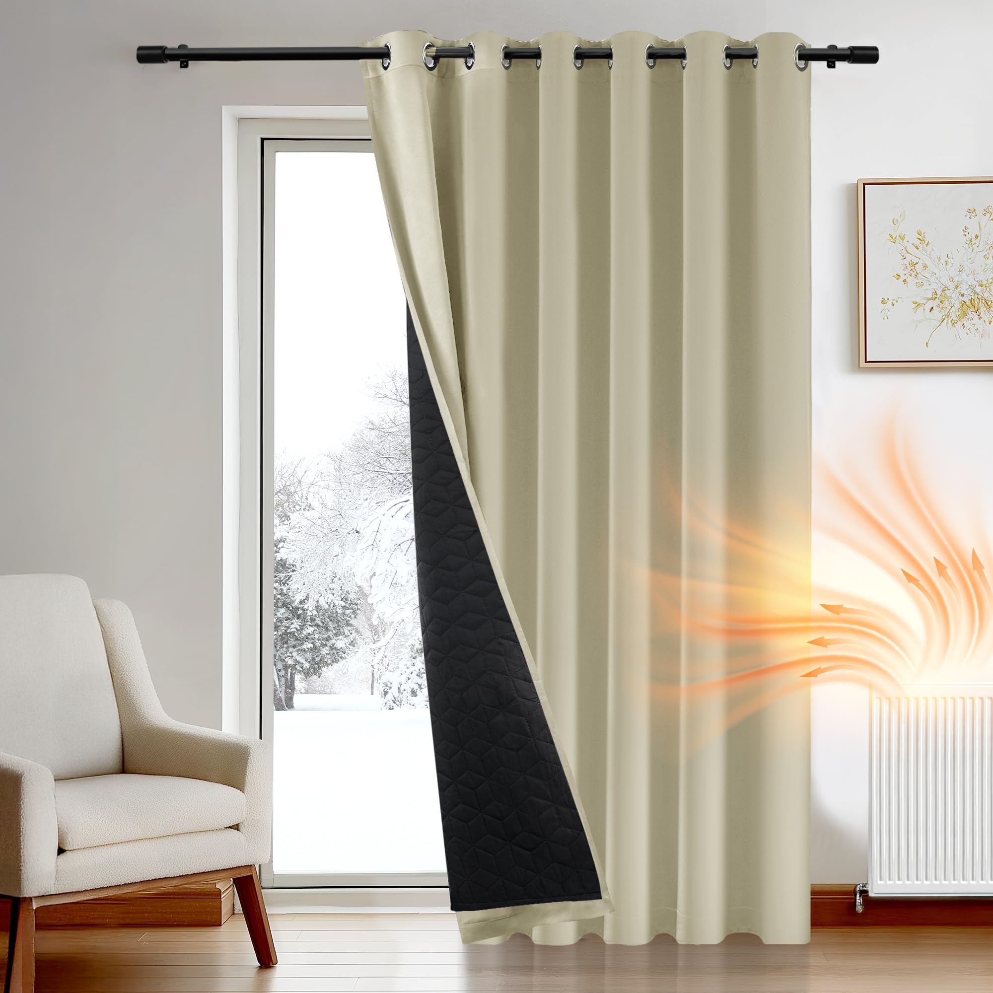 Deconovo Thermal Curtain for Door, Extra Wide Window Panel with Thick Microfiber Quilted Lining, Eyelet Blackout Curtain for Bedroom, W 79" x L 87", Beige, 1 Panel