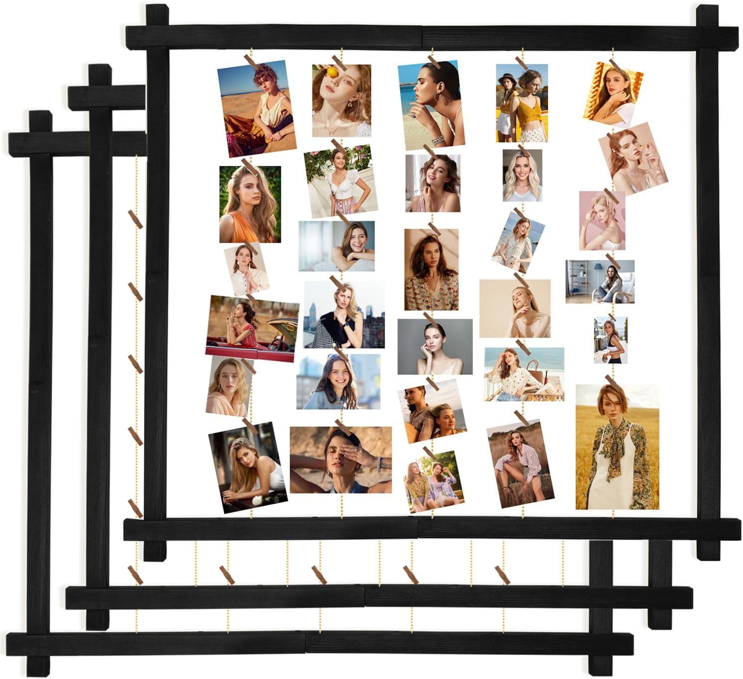 Wood Picture Frames Collage,Photo Display With 30 Clips,Hanging Picture Board Wall Decor for Dorm Graduation Letter Postcard Greeting Card Organizer,Pine,Adjustable Bead String,3 Pack,(Black Walnut)