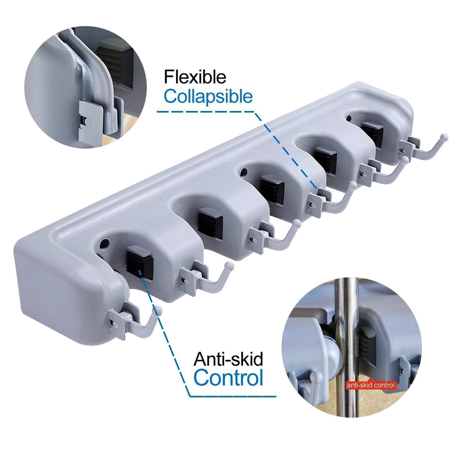 MSS ENTERPRISE Wall Mounted Mop and Broom Holder, Upgraded with Effective and Strong Holding Capacity with 5 Slots and 6 Hooks for Kitchen Garden and Garage Storage for up to 11 Tools. (Standard Size) 4