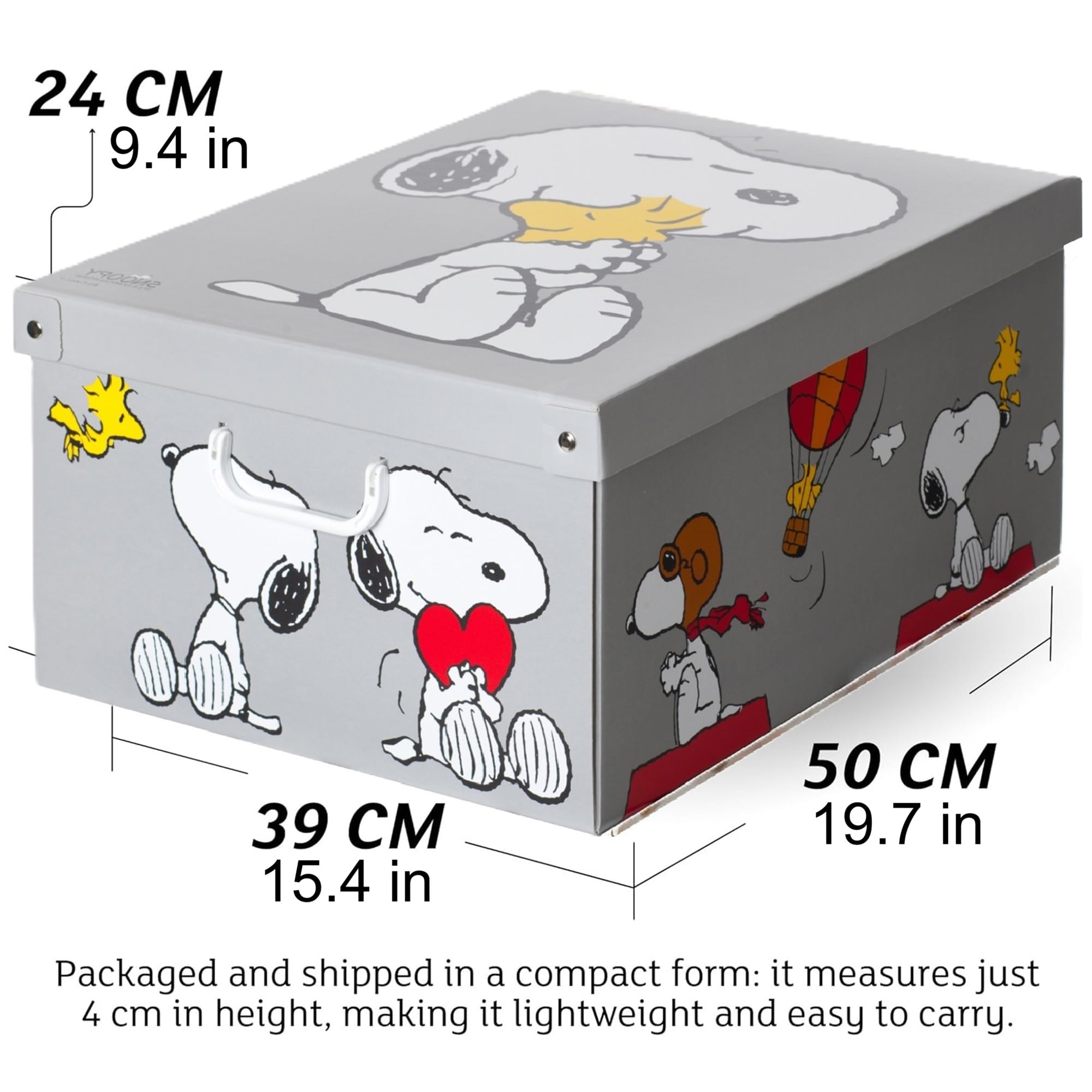 Set aus 6 Aufbewahrungsboxen mit Deckel – Große Kleiderboxen aus Karton 39x50x24 cm – Robust, leicht zu montieren, mit Tragegriffen – Perfekt für Kleiderschrank & Saisonwechsel Snoopy