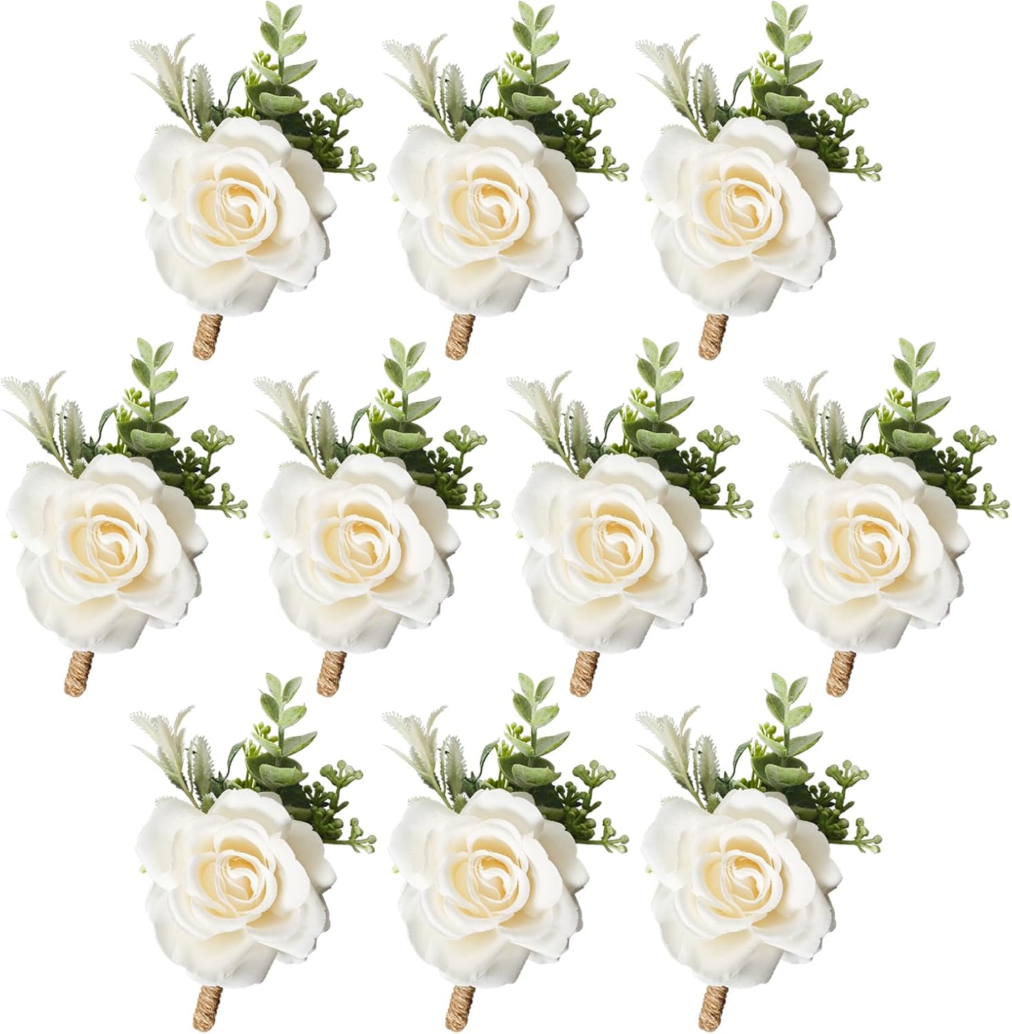 Gvhntk Ivory Rose Boutonniere for Men Wedding Set of 10 Groom Groomsmen Best Man Artificial Flowers Boutonniere for Wedding Ceremony Anniversary Prom Flowers Formal Dinner Party (10, White, Middle)
