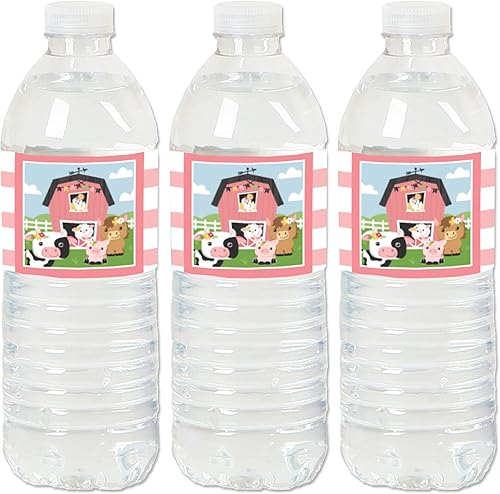 Big Dot of Happiness Girl Farm Animals - Etiquetas adhesivas para botellas de agua para baby shower o fiesta de cumpleaños, juego de 20 unidades