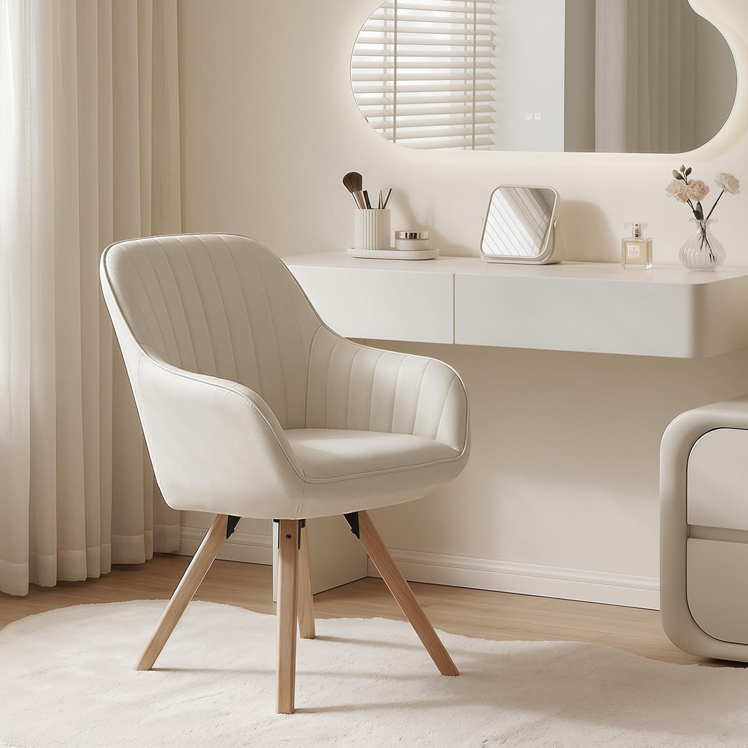 Modern 360° Swivel Desk Chair No Wheels with Wood Legs, Comfy Flannel Upholstered Accent Vanity Chair with Arms and Mid Back, Mid Century Office Chair for Bedroom, Office, Living Room (Cream Colored)