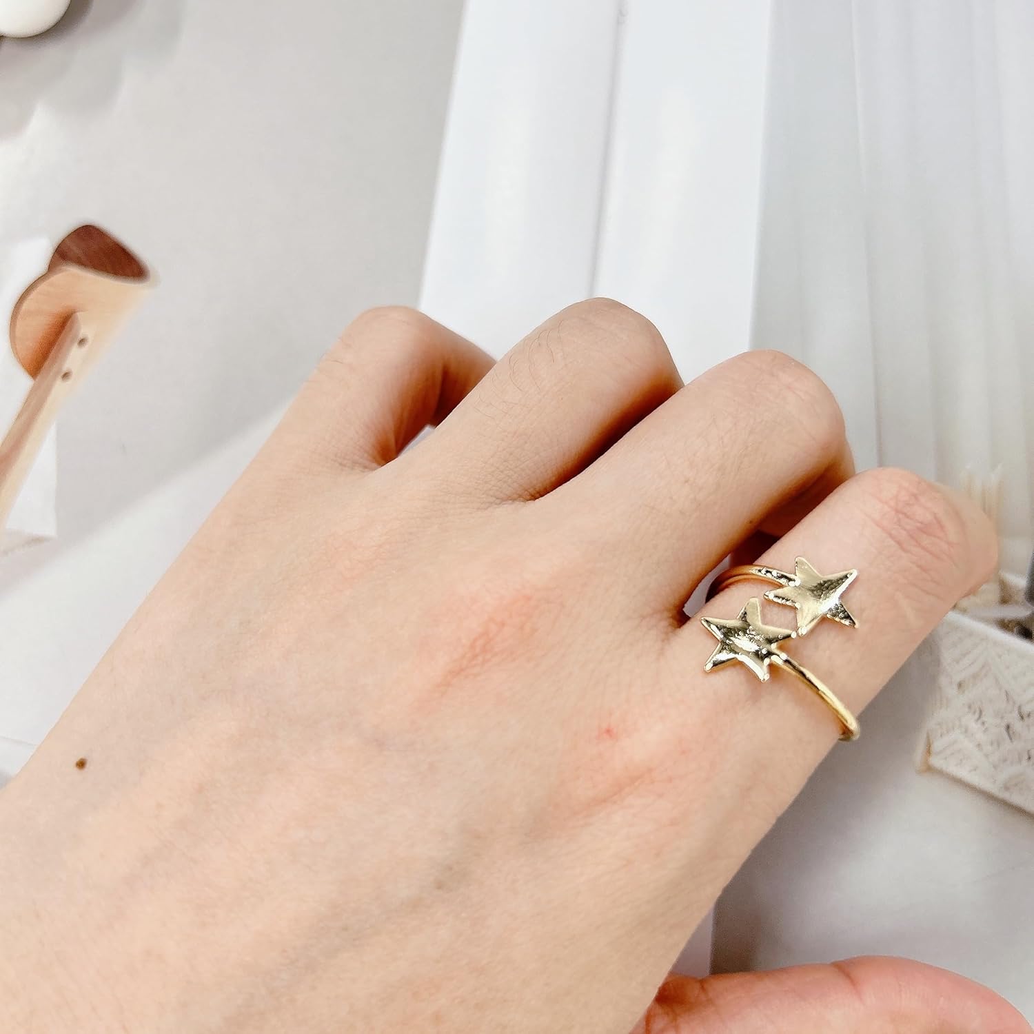 Simple Double Stars Wrap Open Statement Ring for Women Fashion Cute Lucky Star Thin Tiny Band Stacking Expandable Knuckle Finger Adjustable Rings Engagement Eternity Promise Jewelry Birthday Gifts - Image 5