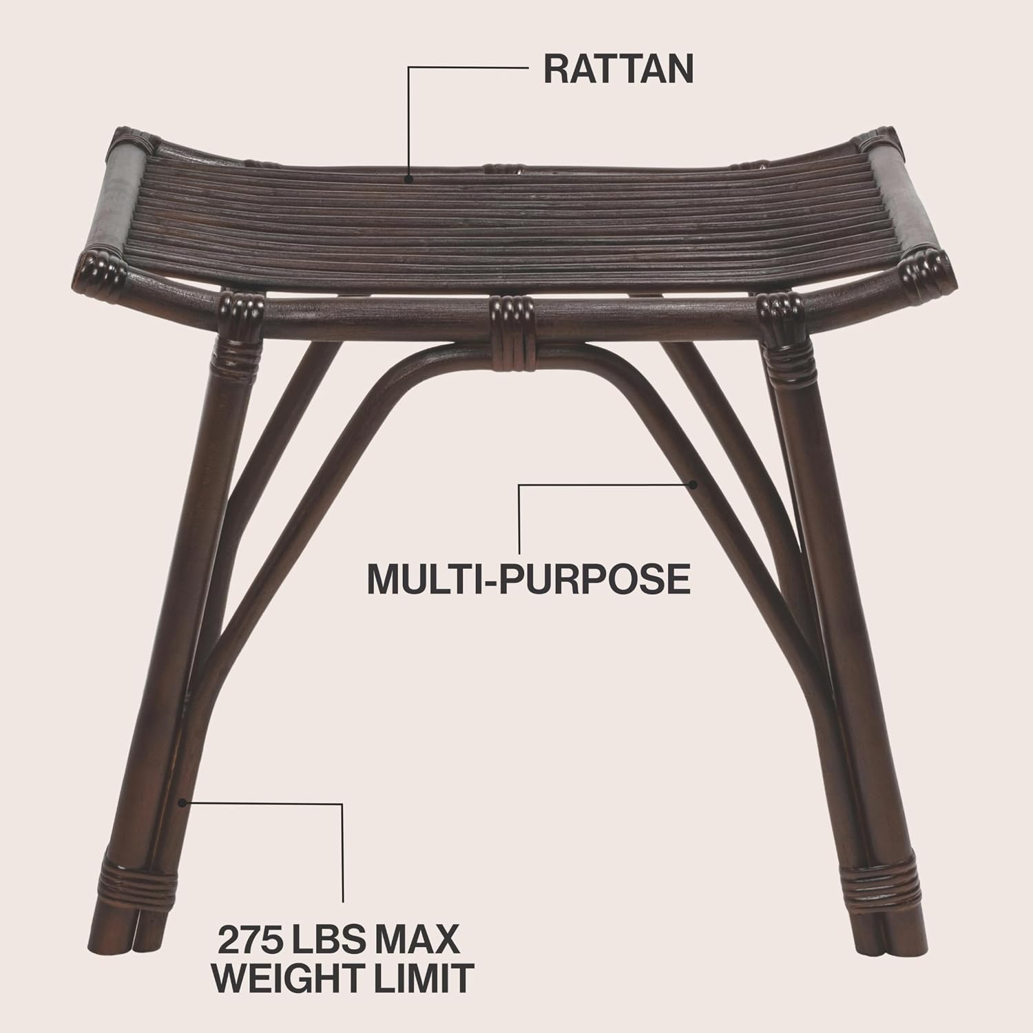 JONATHAN Y Gabriel 18" Dark Brown Handcrafted Rattan and Teak Wood Vanity Stool, Bohemian Backless Accent Ottoman Footstool STL3005B