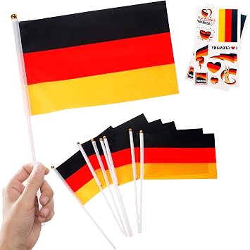 10pcs Small German Flags on Sticks & 2pcs Tattoos, Mini German Flag Hand Held Germany Flag Party Decorations for World Cup Football 2026 Unity Day Parade Olympic Sports Events