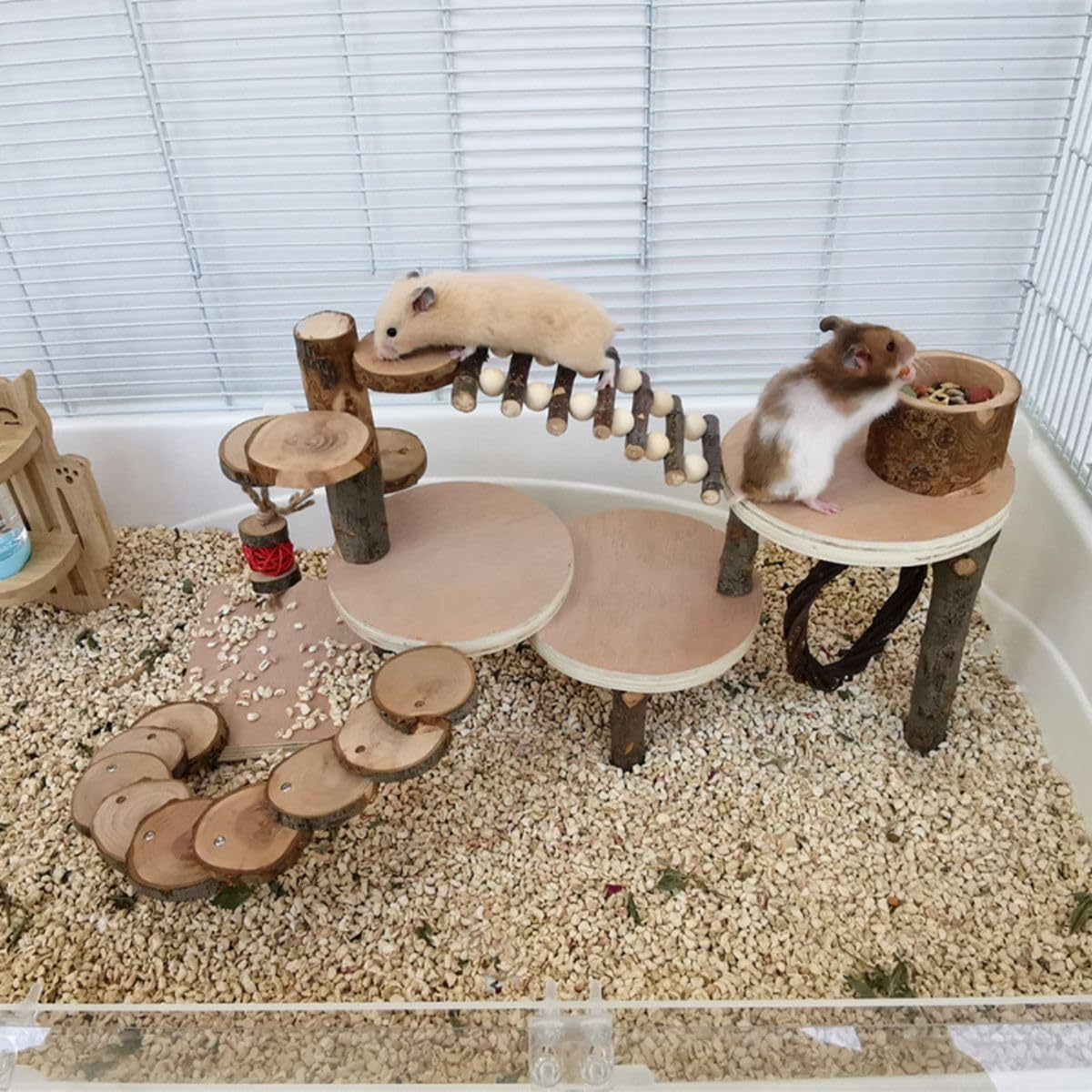 Hamster Climbing Ladder Playground Platform Set Gerbils Small Pet Natural Wooden Stand Platform with Feeder Natural Apple Wood Toys for Hamster Guinea Pigs