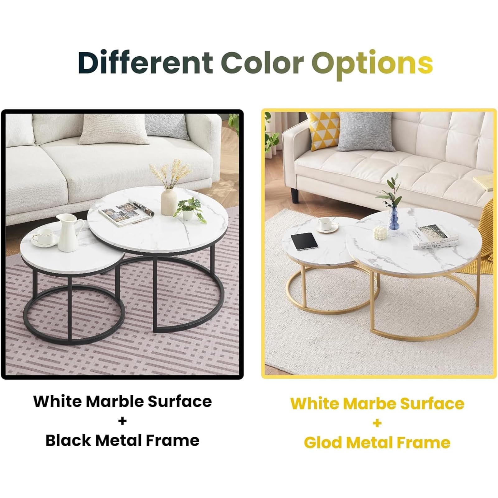 Tavolino rotondo effetto marmo, set da 2 tavolini da salotto e tavolino per soggiorno, Ø 80 x 45 H cm e Ø 60 x 35 H cm (bianco e oro)