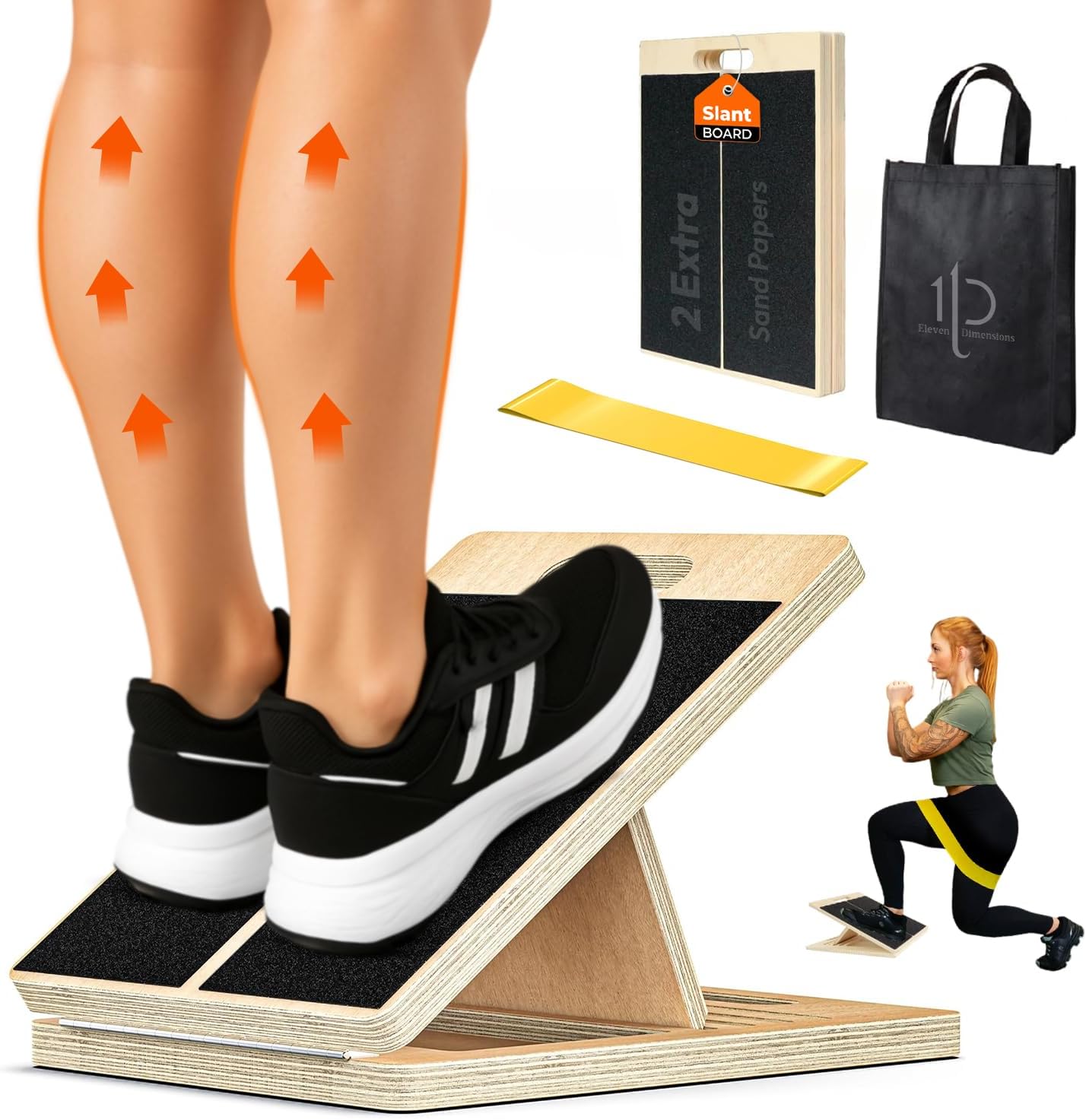 Adjustable Wooden Slant Board for Calf Stretching – Incline Wedge for Ankle,Heel,Knee & Leg Pain Relief – Squat Equipment for Physical Therapy & Home Gym-2 Extra Sand Papers,Carry Bag & Mini Loop Band