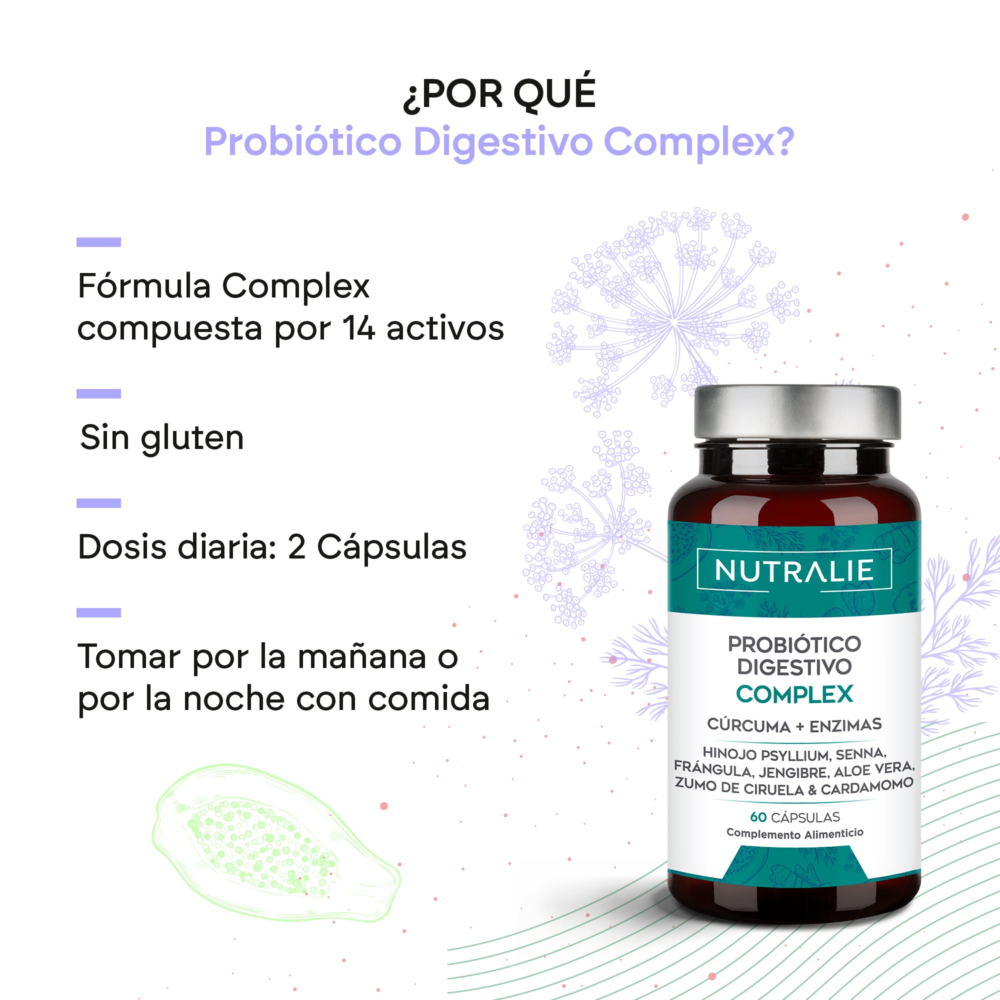 Probiótico Digestivo Complex - Cúrcuma + Enzimas + Hinojo + Psyllium + Senna + Frángula - 60 cápsulas Digestive Complex Nutralie