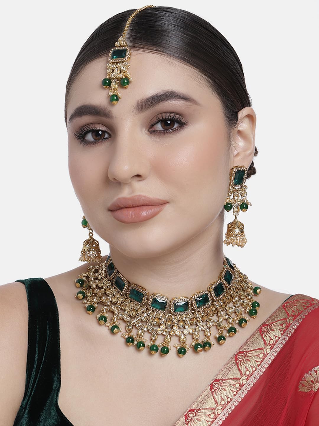 Aheli Kundan and Simulated Colored Stones Indian Ethnic Maang Tikka Necklace and Earrings Set Bollywood Festive Statement Jewelry Gift for Women - Image 2