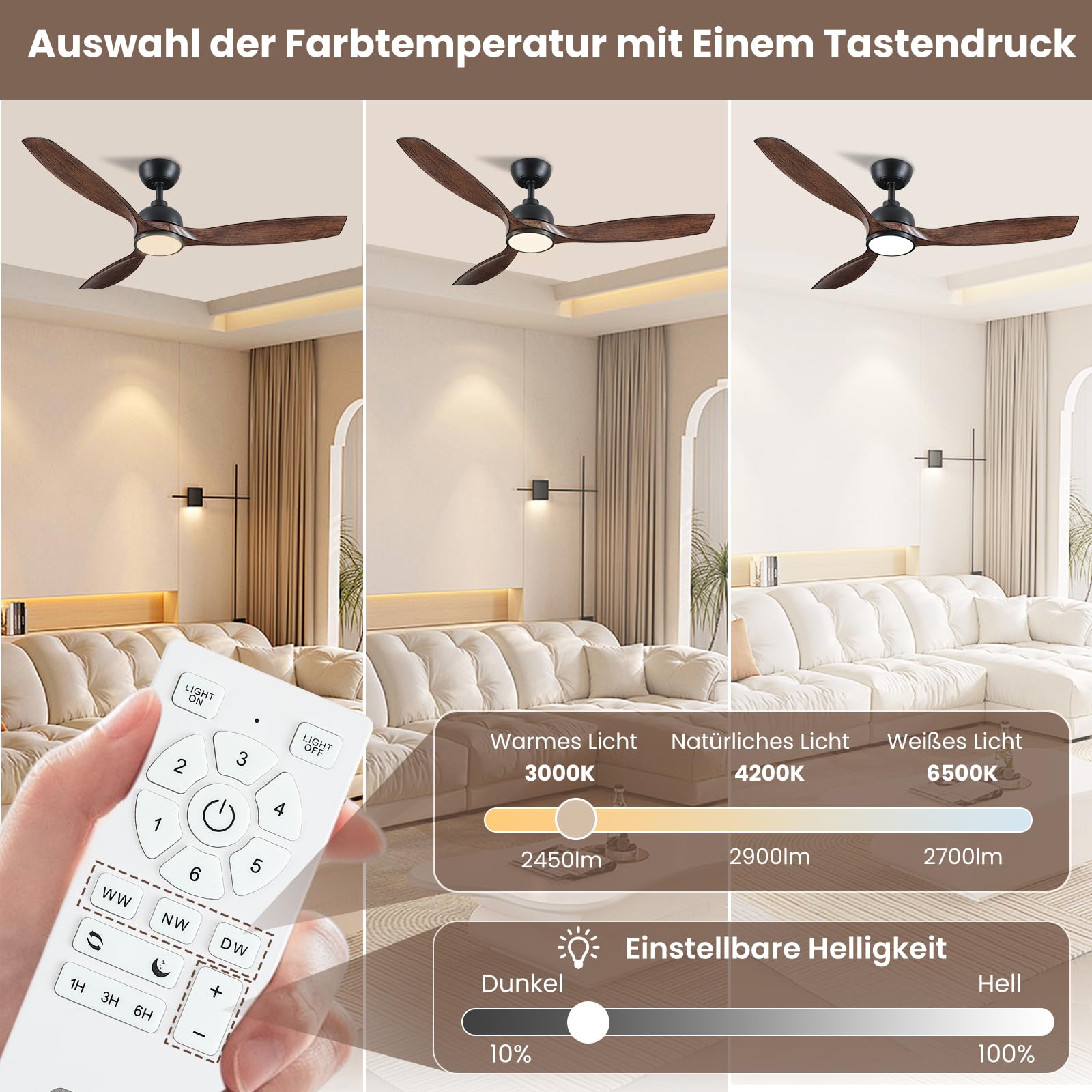 CJOY Deckenventilator mit Beleuchtung 132cm, leise, 6 Geschwindigkeiten, umkehrbar, dimmbar, Holz, für Schlafzimmer