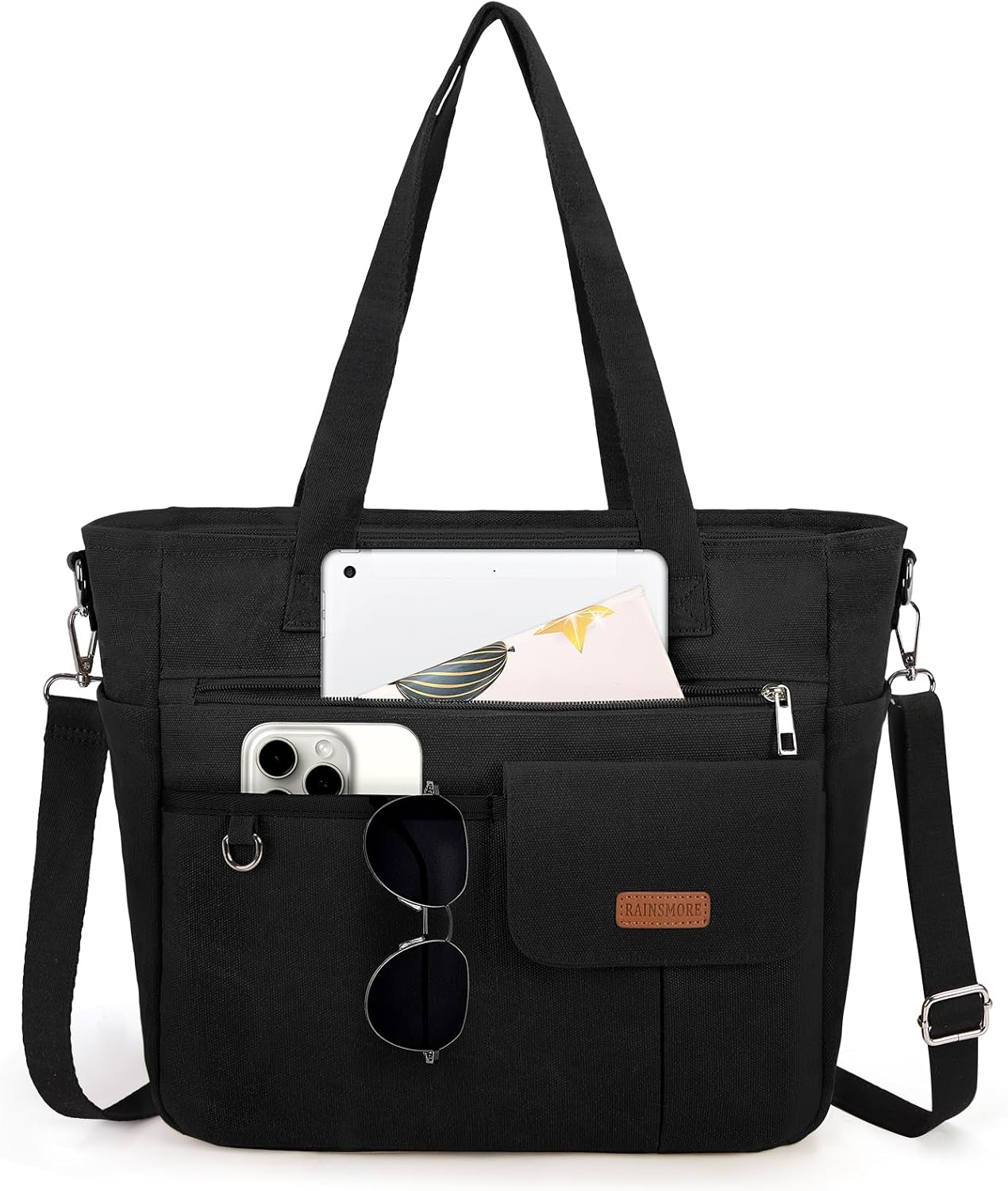 RAINSMORE Canvas Tote Bags For Women Crossbody Bag | 5 External Pockets , Reinforced Bottom , Detachable Strap , Large Main Compartment , Office & College Use