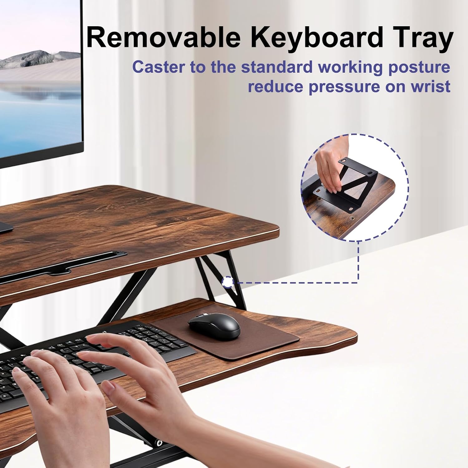 38-Inch Height Adjustable Standing Desk Converter, Duals Monitor & Laptop Riser with Wide Keyboard Tray, Sit to Stand Ergonomic Workstation for Home Office, School, Business, Tiger Brown