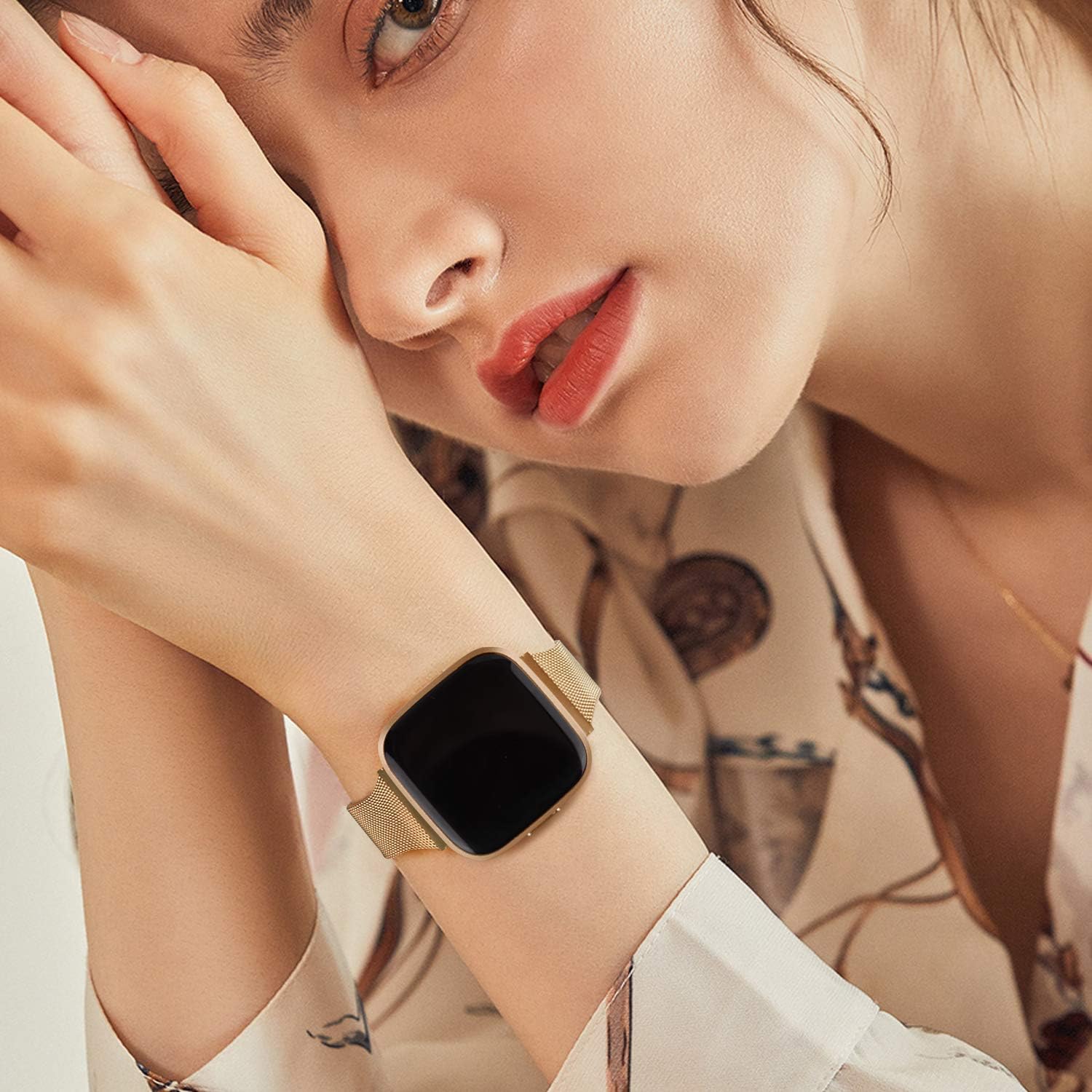 Meliya Metal Slim Bands Compatible for Fitbit Versa 2 / Fitbit Versa/Fitbit Versa Lite, Stainless Steel Metal Clasp Thin Replacement Bands for Women Men (for 6.7"-8.7" Wrists, Rose Gold)