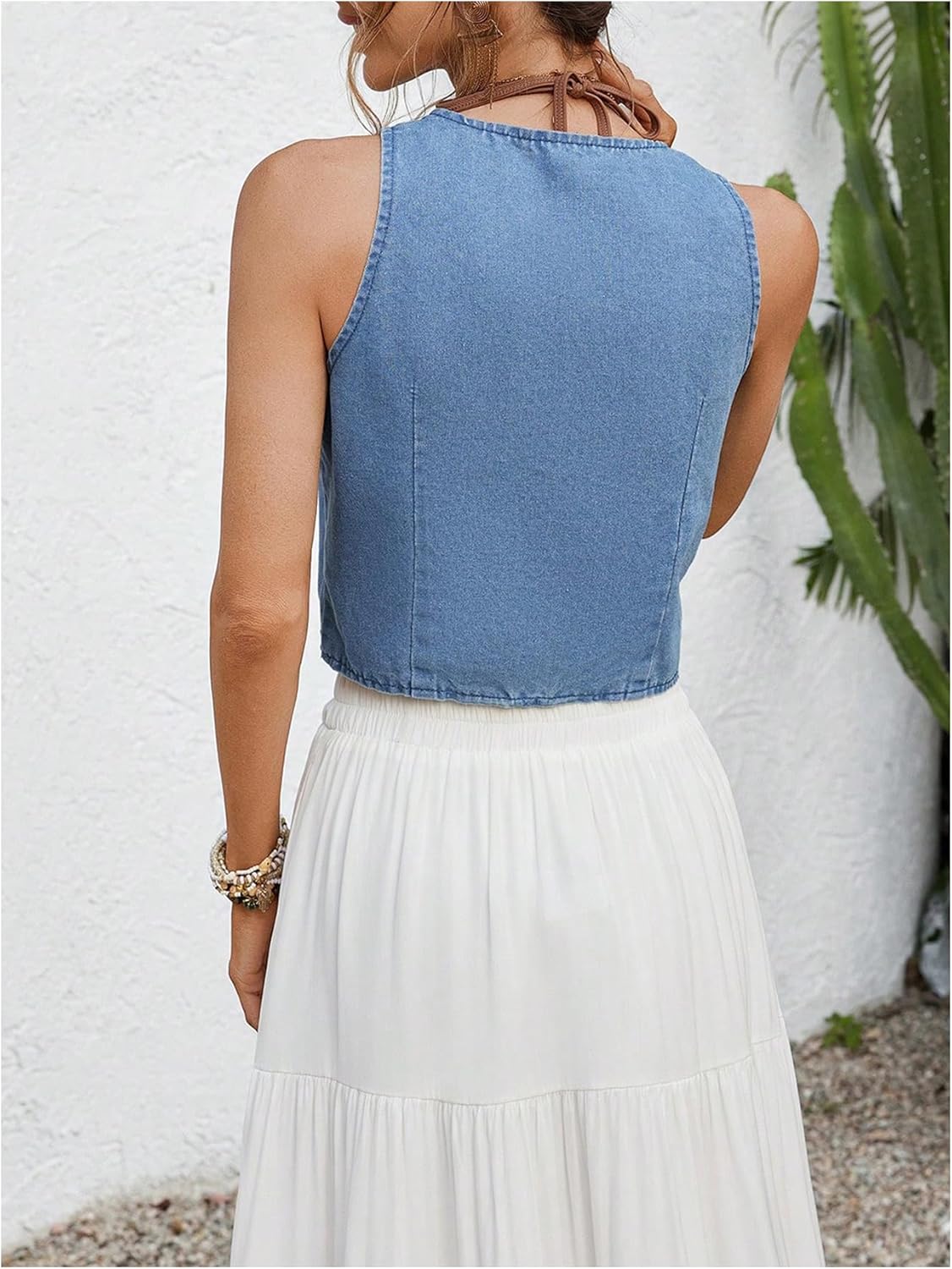 MakeMeChic Women's Cowgirl Denim Vest Western Floral Embroidery Tie Front Sleeveless Boho Tops Concert Outfits