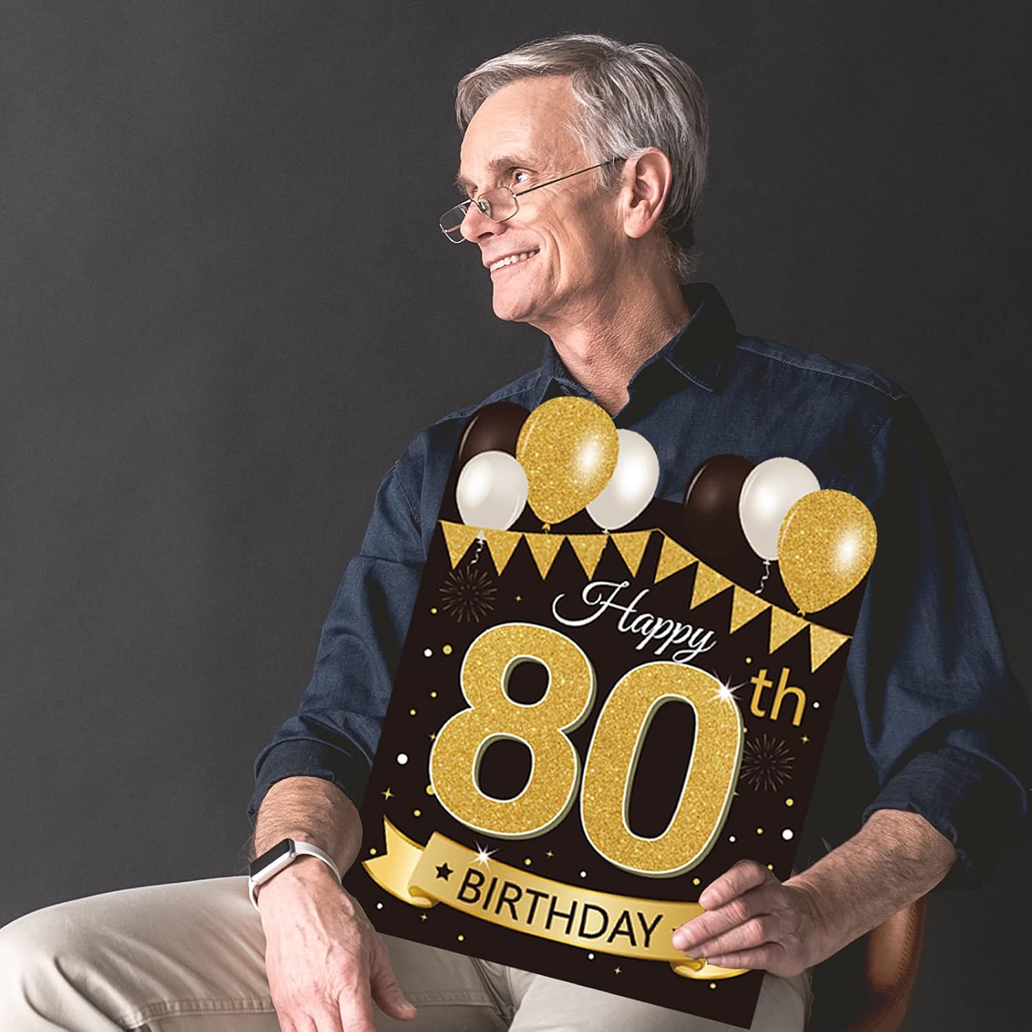Large Happy 80th Birthday Party Yard Sign Black Gold 80 Birthday Yard Signs with Stakes and Outdoor Lawn Decorations