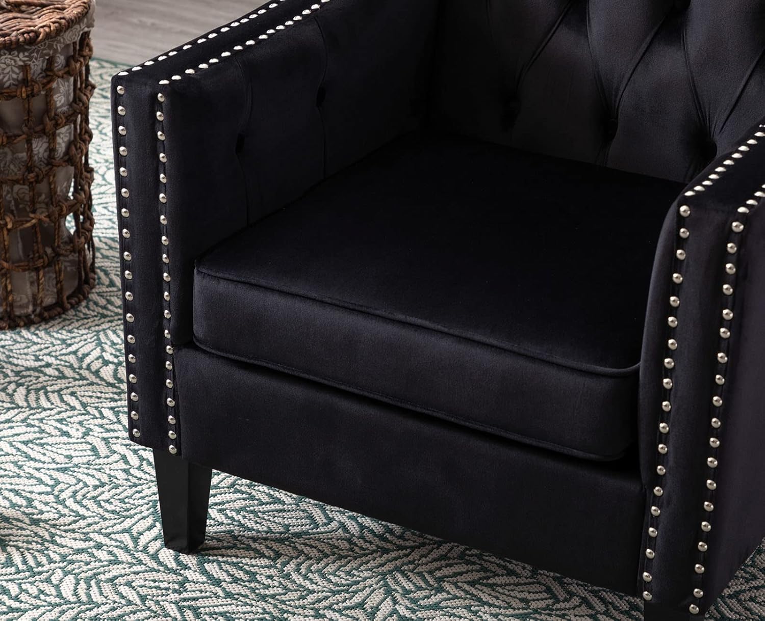 VESCASA Wingback Velvet Accent Arm Chair with Nailhead Trim, Midcentury Modern Tufted Side Chair with Wood Legs, 19.7" Seat Wide Ulphostered Comfy Single Sofa for Bedroom/Living Room/Reading, Black : Home & Kitchen