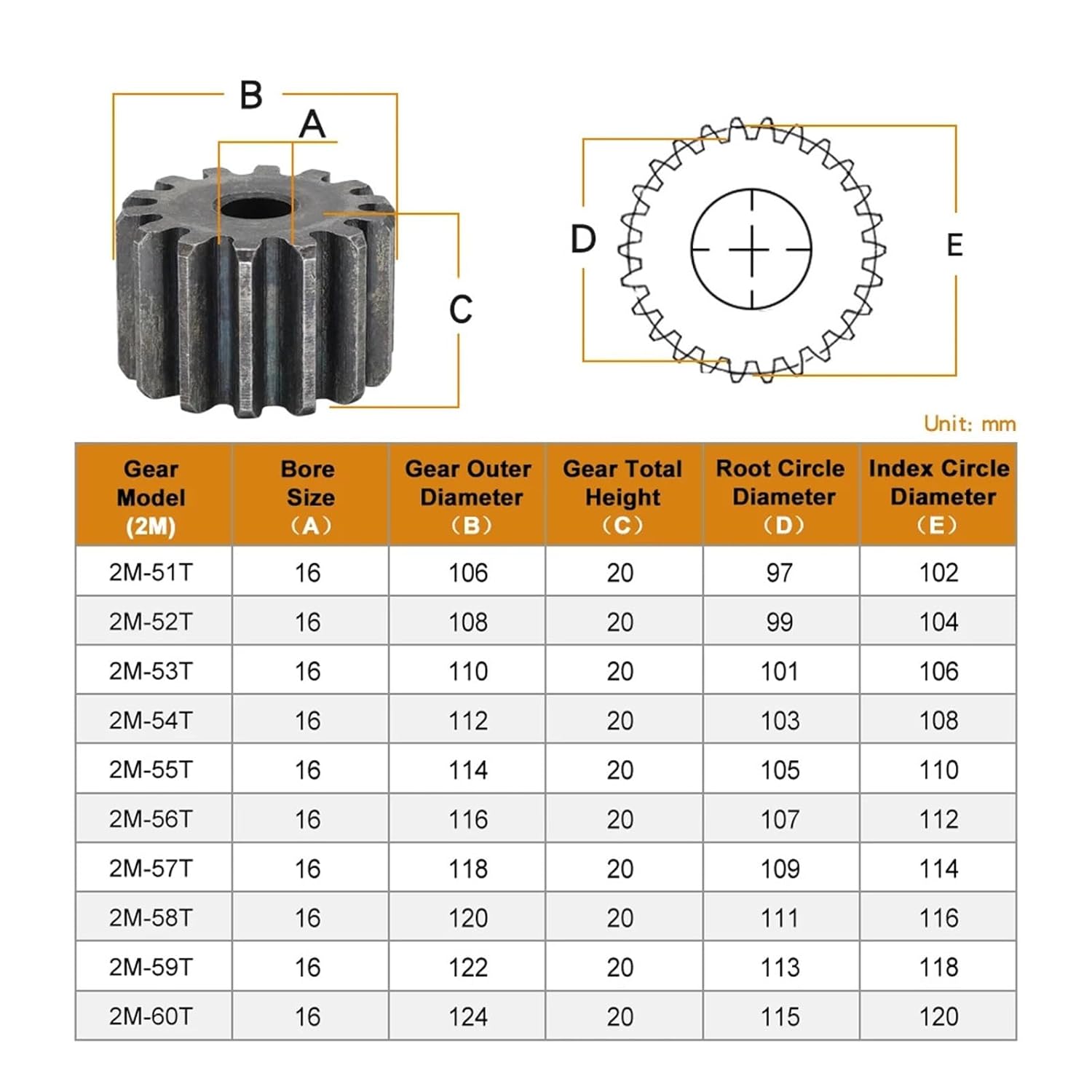 Bevel Gear Pinion Hardware Mechanical 2M 51-60T Carbon Steel Spur Gear High Frequency Quenching Teeth(2M51T - Bore 16 mm)